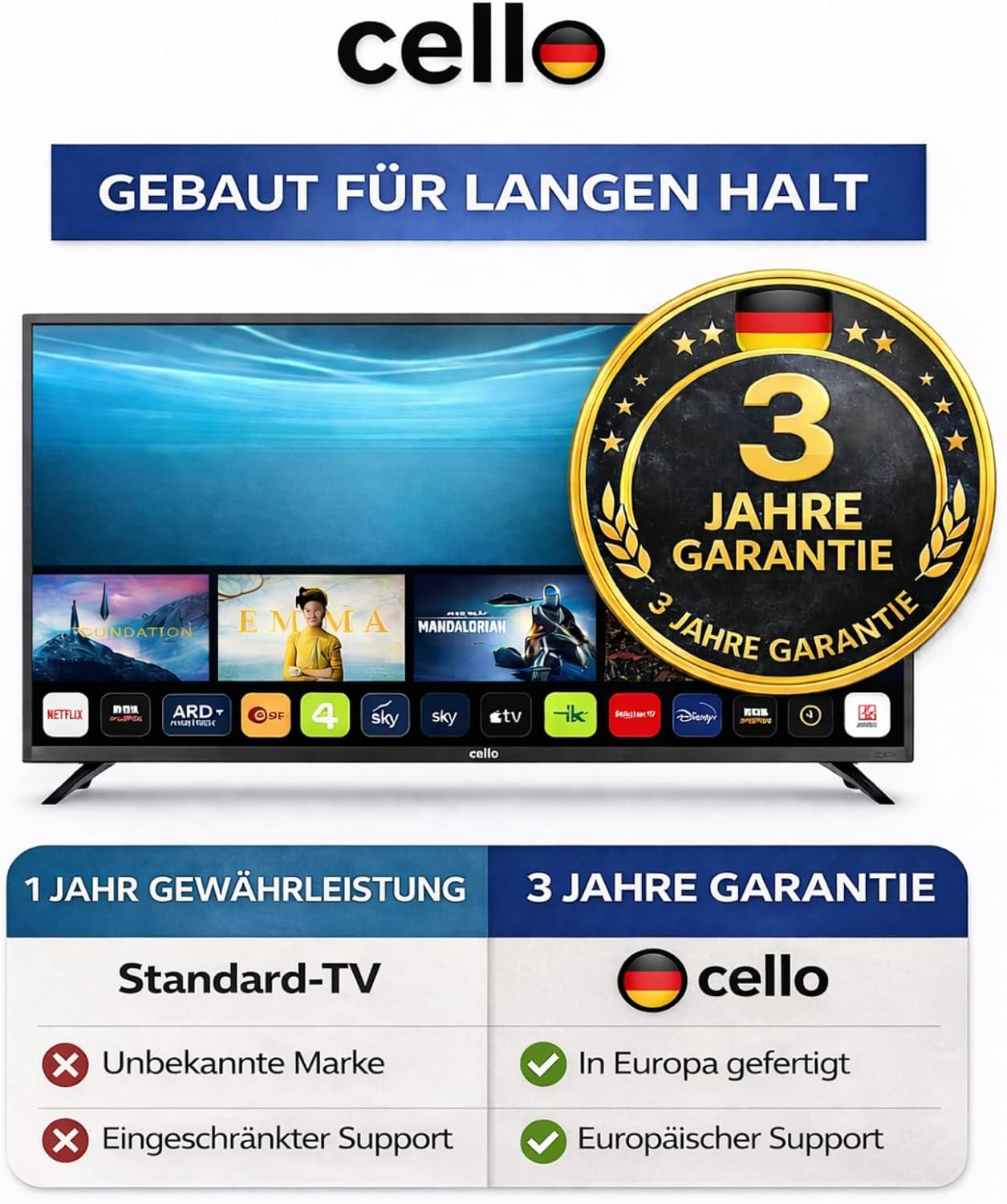 Cello TV mit 3 Jahren Garantie, gebaut für langen Halt und in Europa gefertigt.