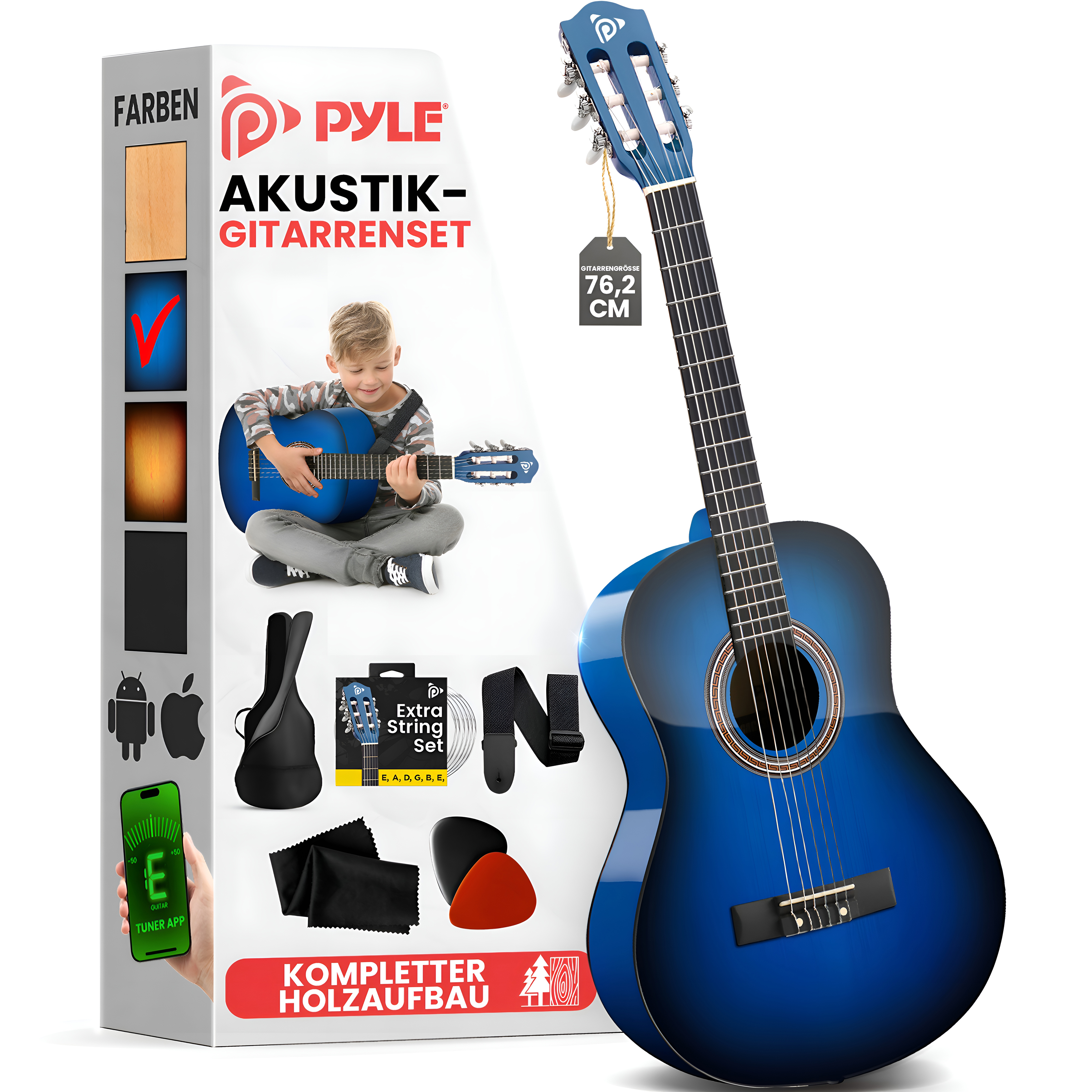 Ein blauer Kindergitarren-Set mit Zubehör, auf weißem Hintergrund.