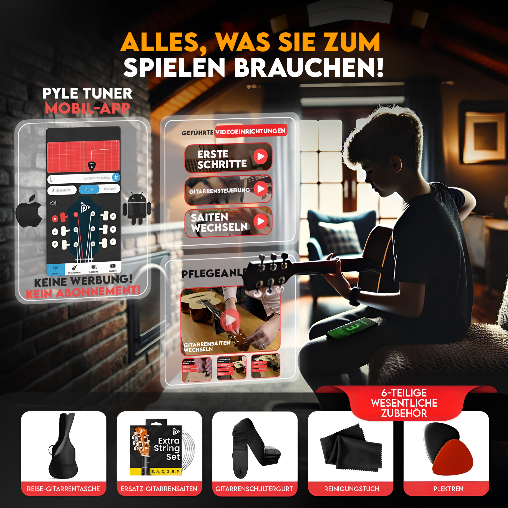 Ein Junge spielt Gitarre mit Zubehör wie Tasche, Saiten, Gurt, Tuch und Plektren.