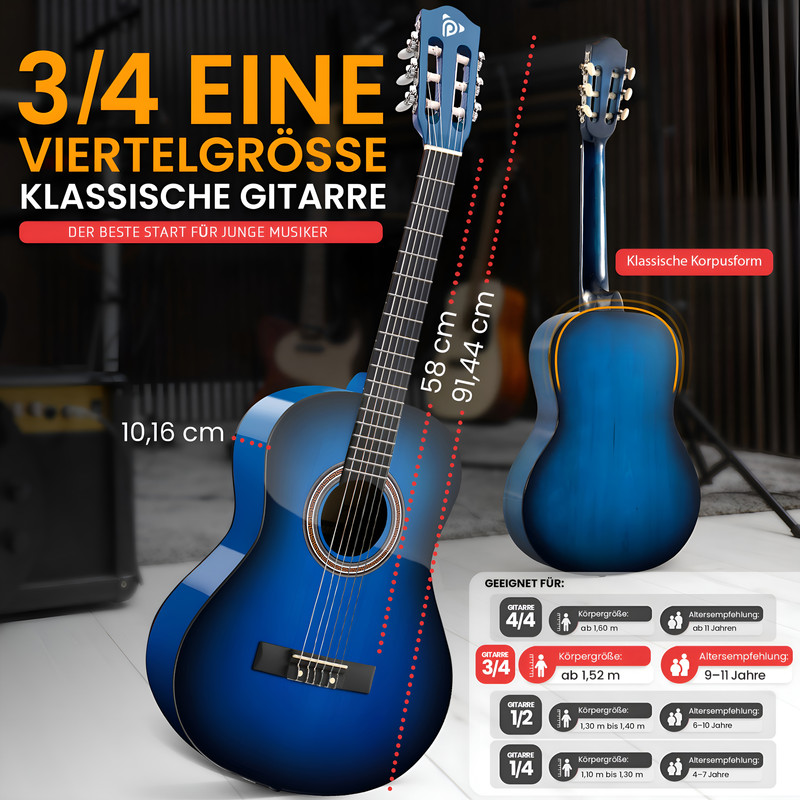 Eine blaue 3/4 klassische Gitarre mit Maßen und Altersangaben für junge Musiker.