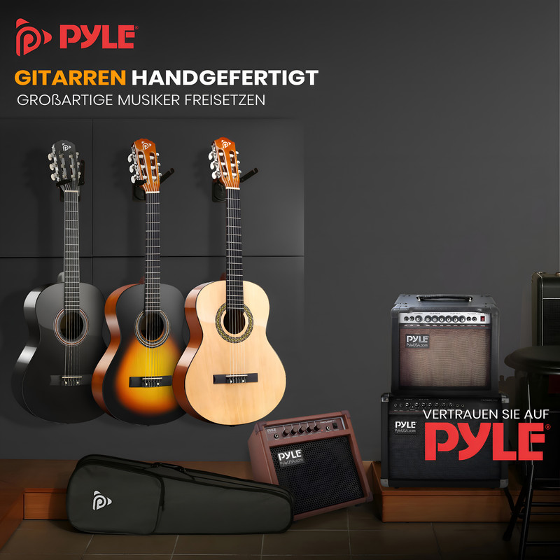 Drei Gitarren und drei Verstärker stehen auf einem dunklen Hintergrund.