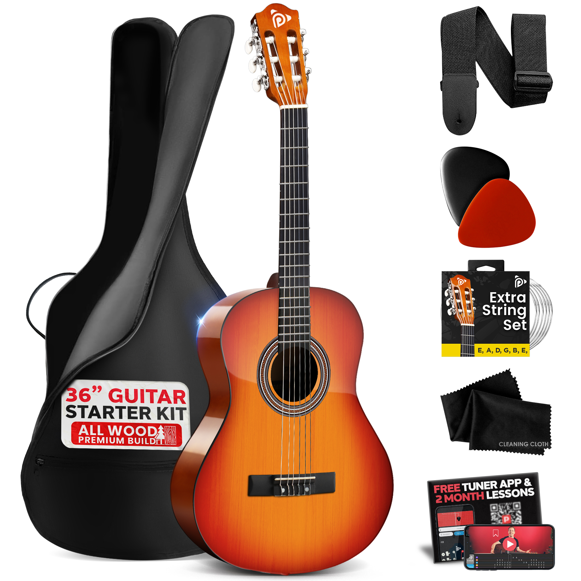 Ein 36-Zoll-Gitarren-Starterset mit Gitarre, Tasche, Gurt, Plektren, Saiten und Lektionen.