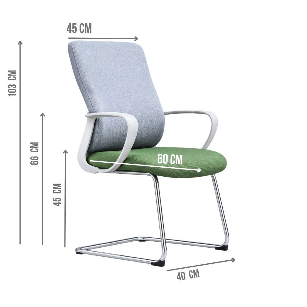 Una sedia da ufficio con schienale grigio, seduta verde e braccioli bianchi.