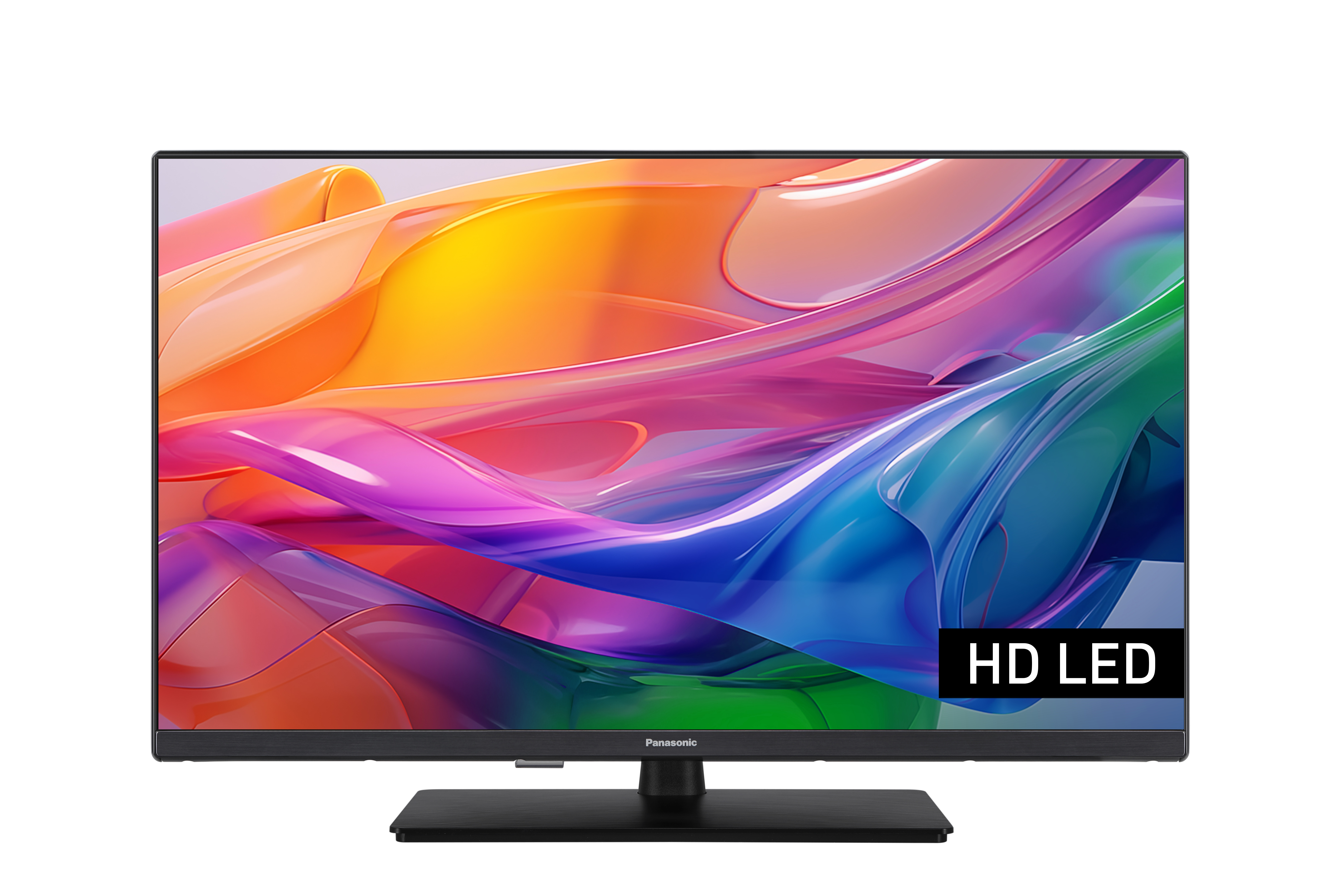 Ein Panasonic HD LED-Fernseher mit einem abstrakten, bunten Hintergrund. 