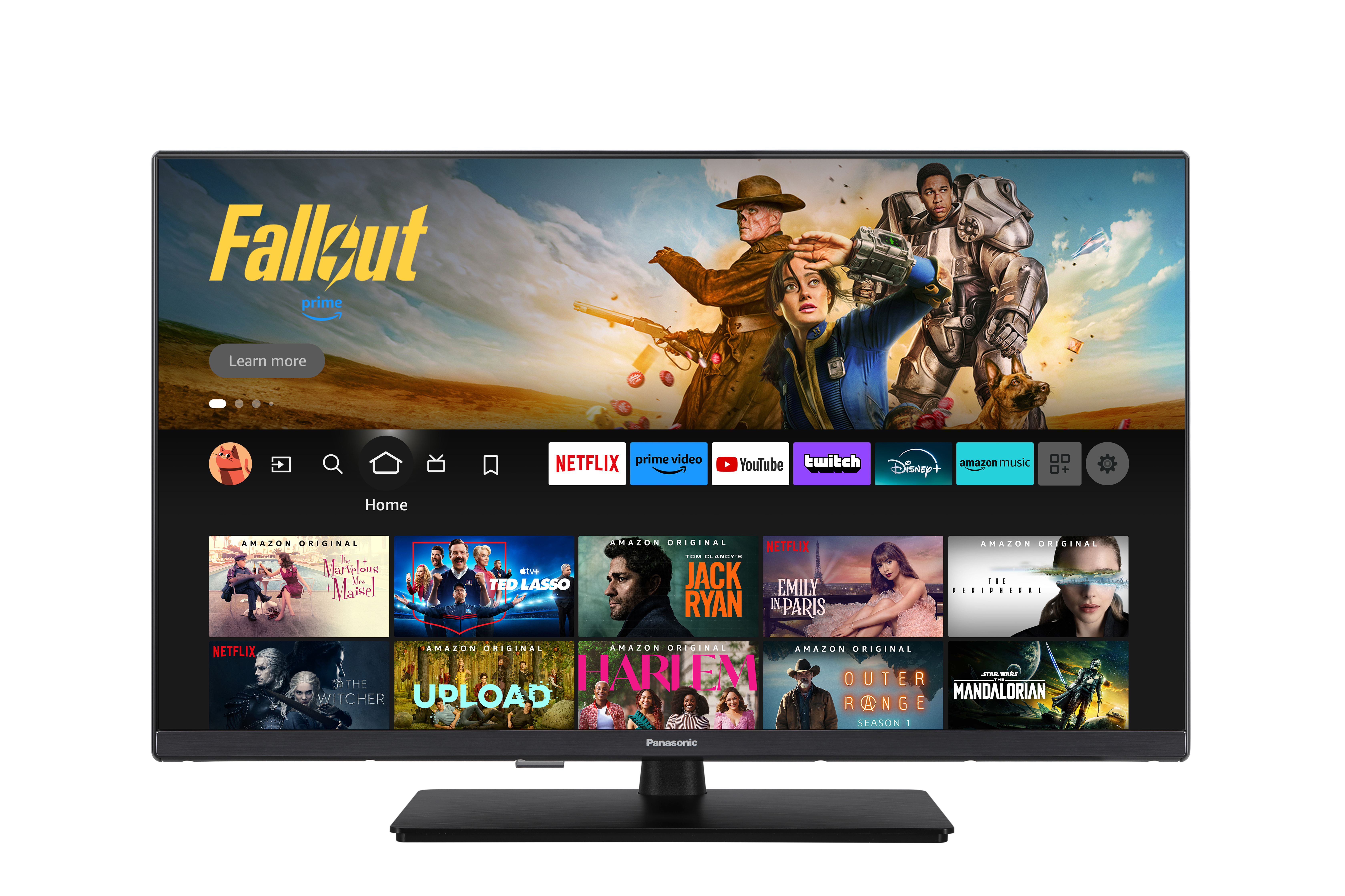 Ein Fernseher zeigt die Startseite einer Streaming-App mit dem Fallout-Logo und Inhaltskacheln.