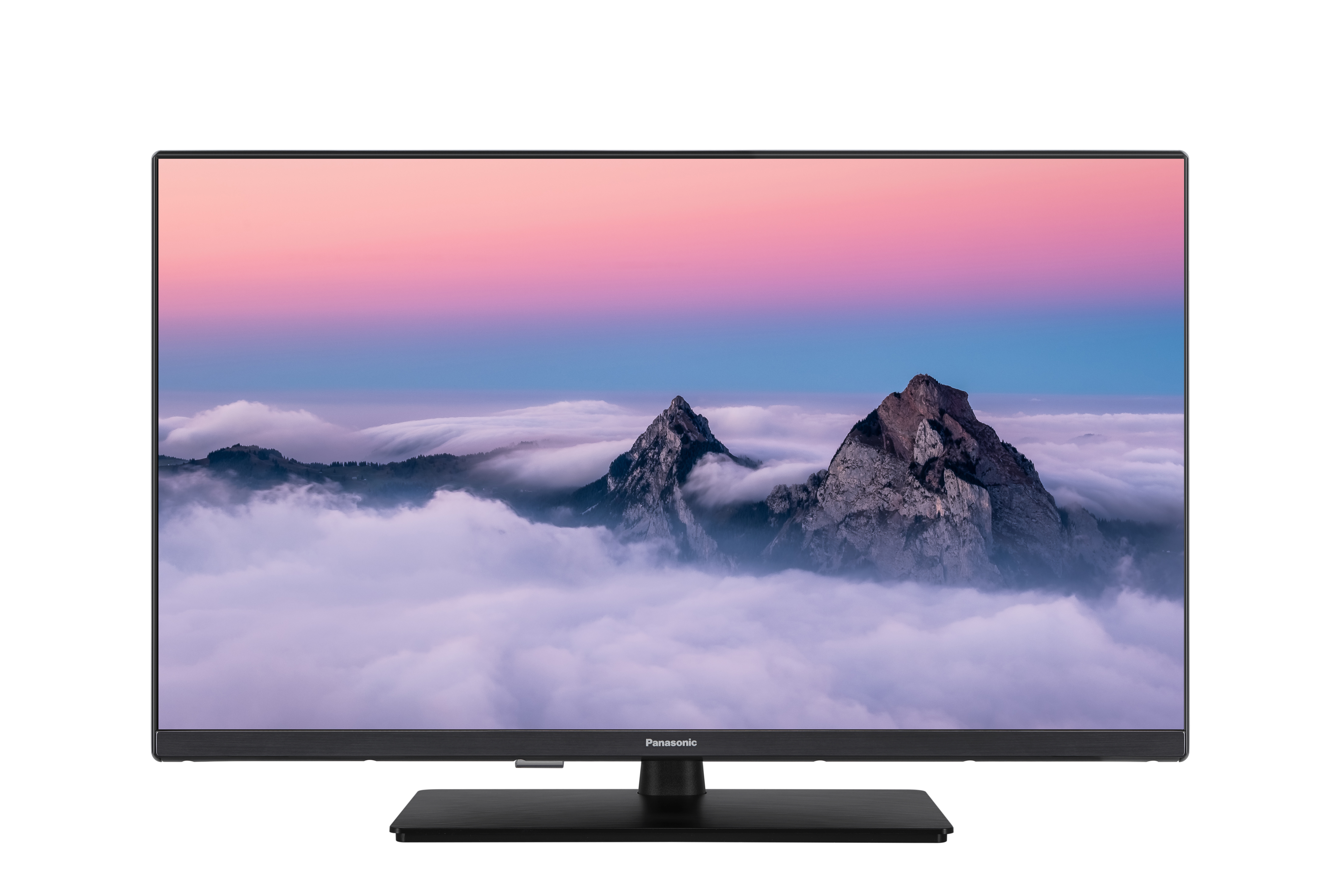 Ein Panasonic-Fernseher zeigt Berge über Wolken bei Sonnenaufgang.