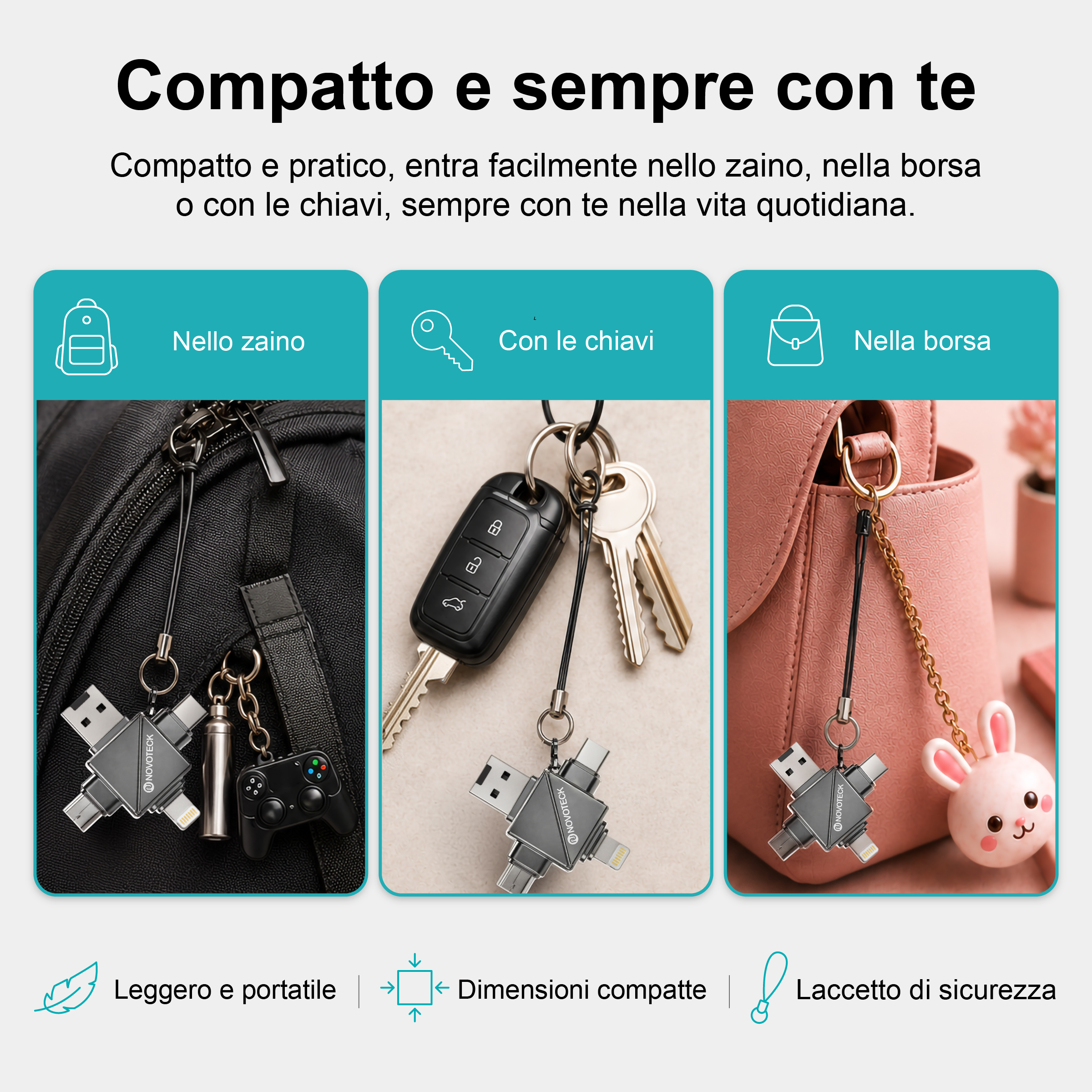 Un adattatore compatto con USB, USB-C, Lightning su zaino, chiavi e borsa.