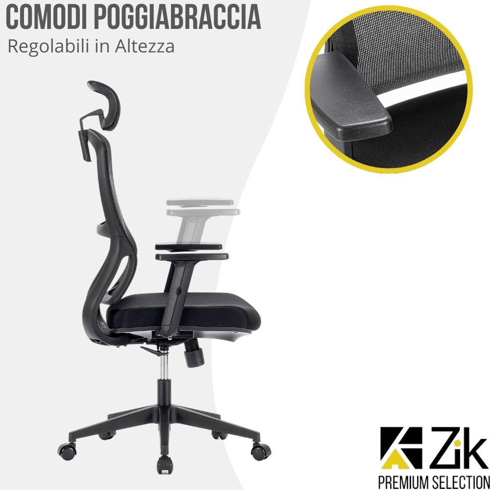 Una sedia da ufficio nera con braccioli regolabili e schienale in rete.