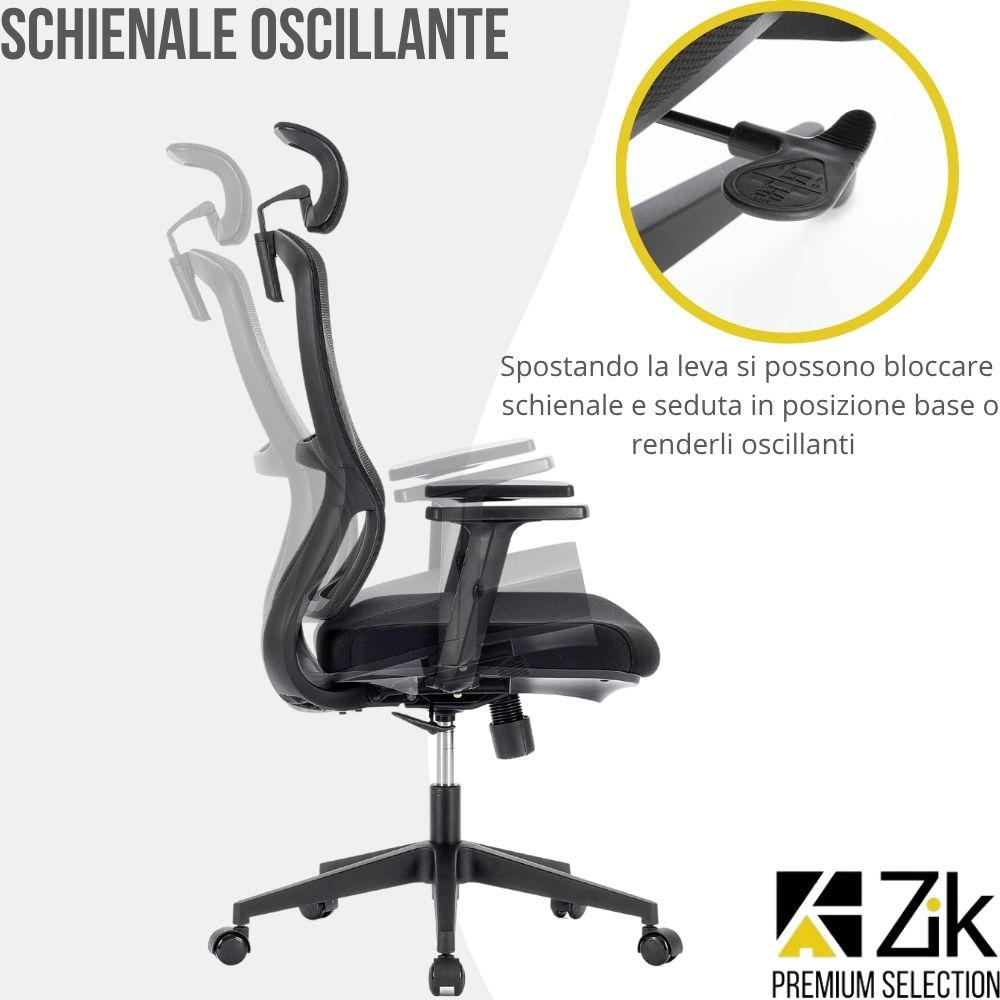 Una sedia da ufficio nera con schienale e seduta regolabili. Una leva per controllare il movimento è visibile.