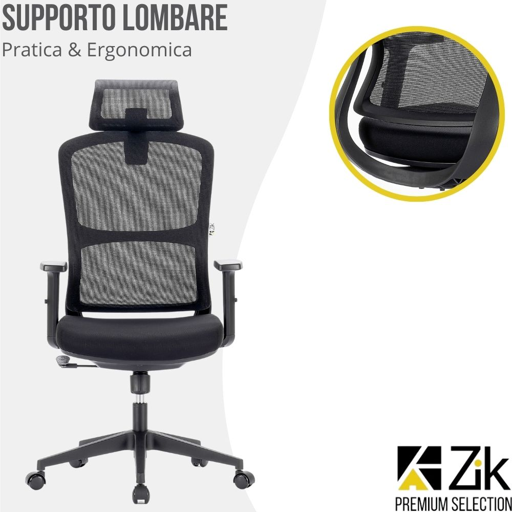 Sedia da ufficio nera con schienale in rete e poggiatesta regolabile.