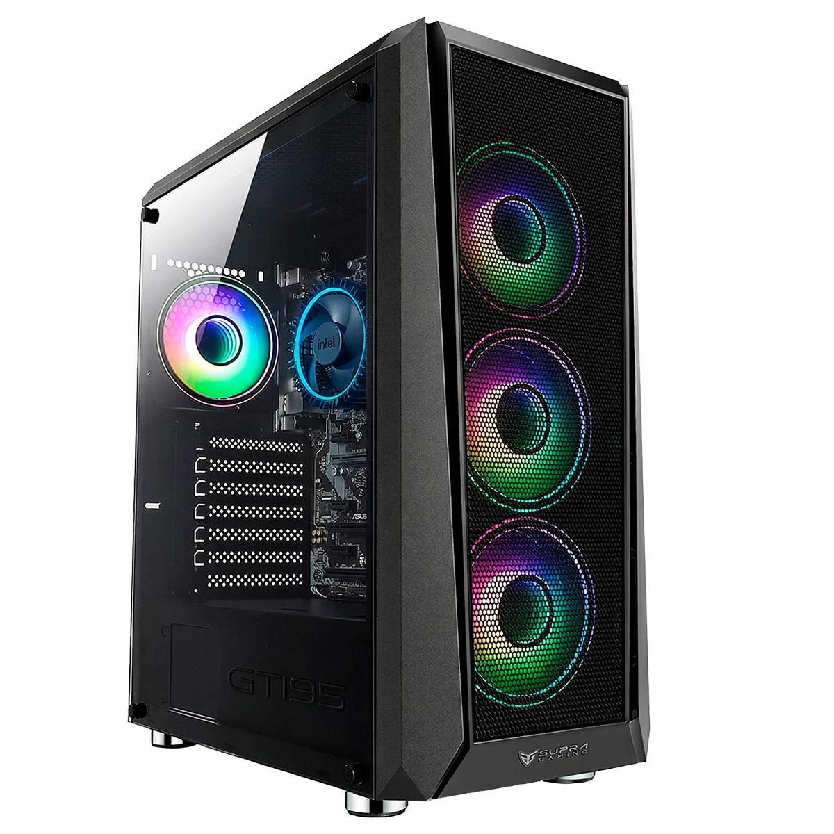Una torre PC nera con pannello laterale in vetro che mostra ventole RGB e componenti interni.