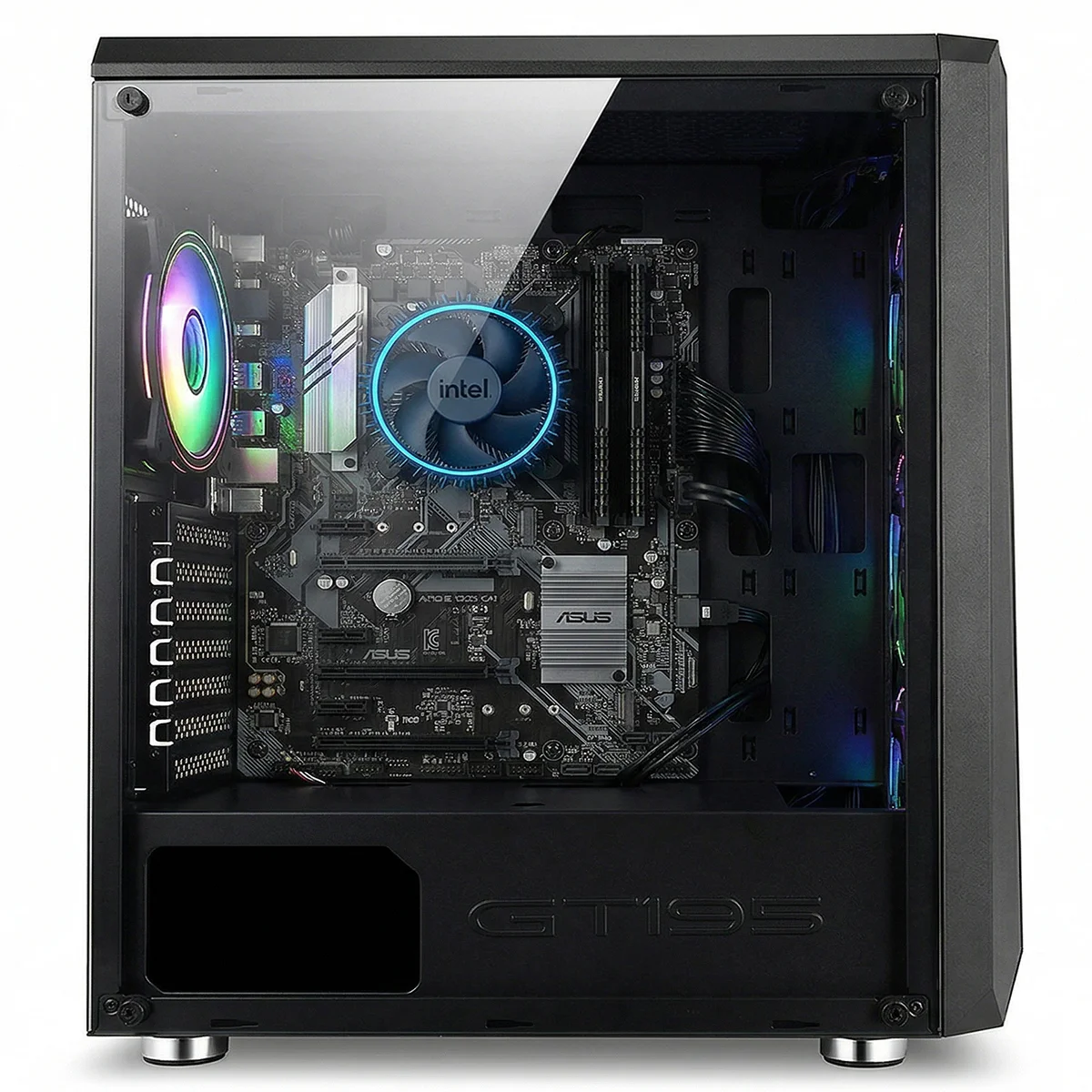 Case PC aperto con componenti interni, ventole e illuminazione RGB visibili.