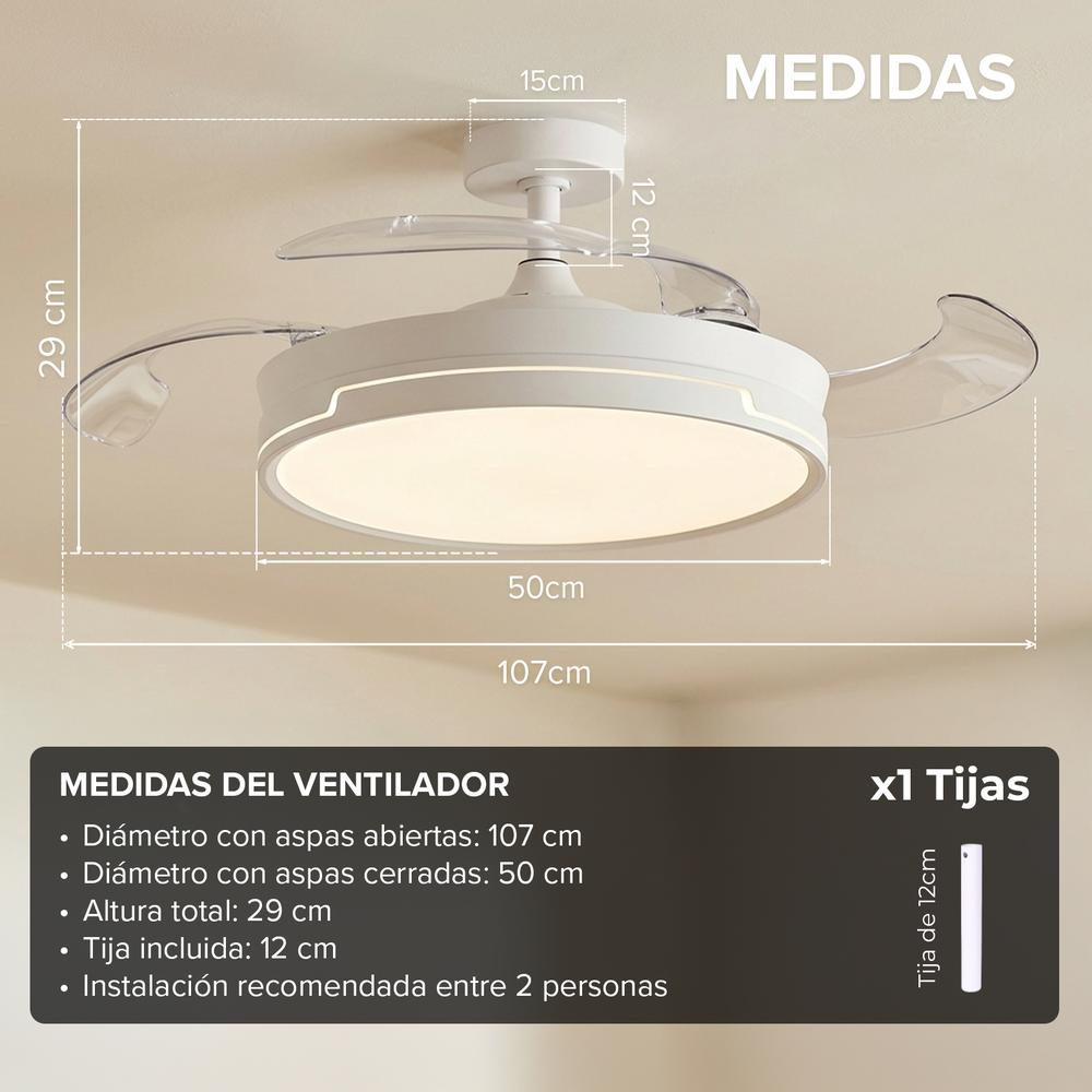 Un ventilador de techo blanco con aspas transparentes y luz integrada, mostrando medidas de diámetro y altura.