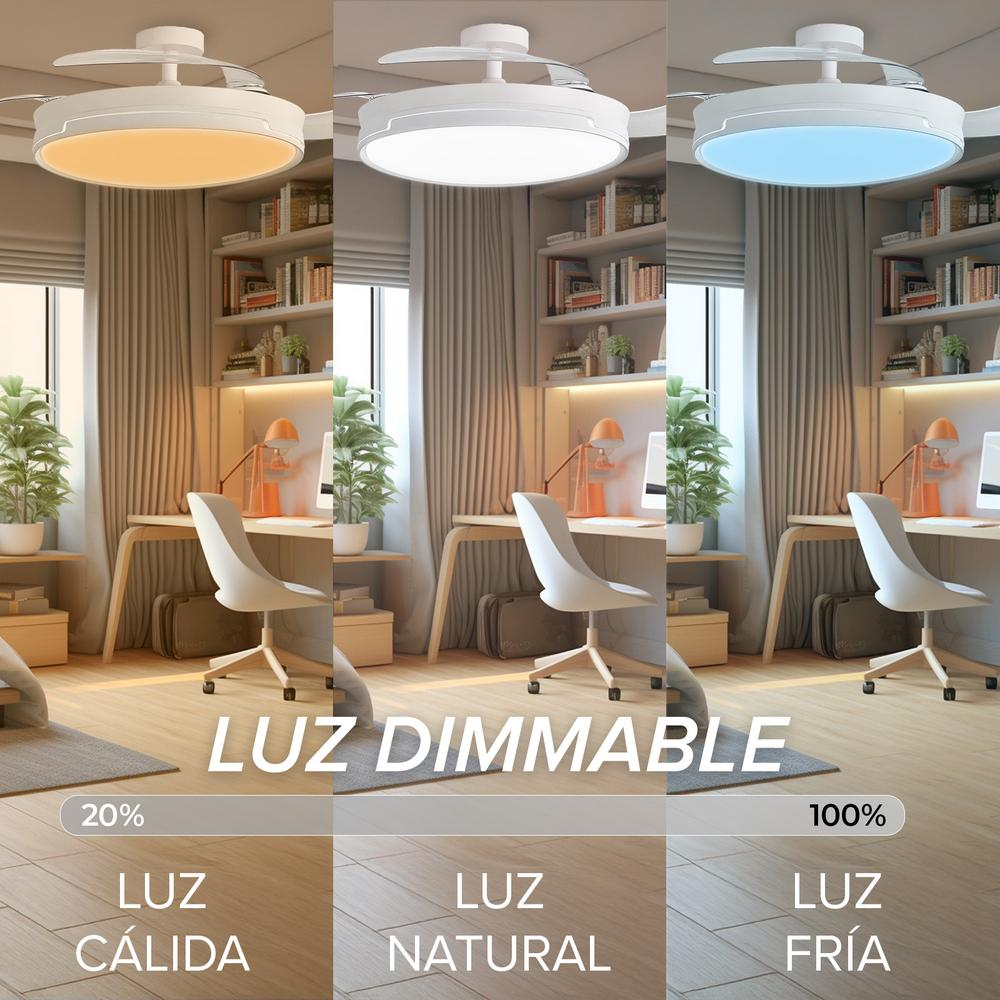 Escena de escritorio con luz de ventilador de techo en tres colores: cálido, natural y azul frío.