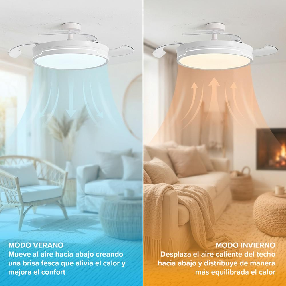 Ventilador de techo con luz en modo verano e invierno, flujo de aire hacia abajo.