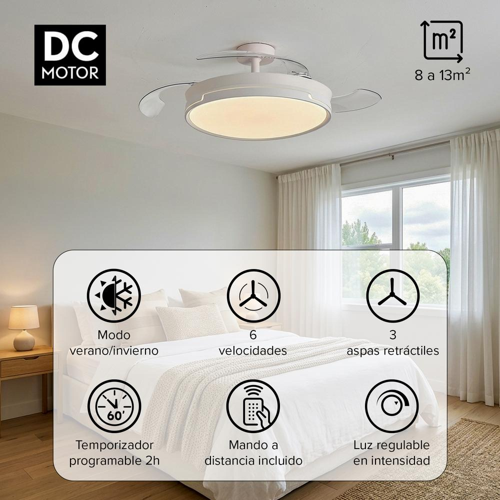 Ventilador de techo con luz, 6 velocidades, 3 aspas retráctiles, temporizador.