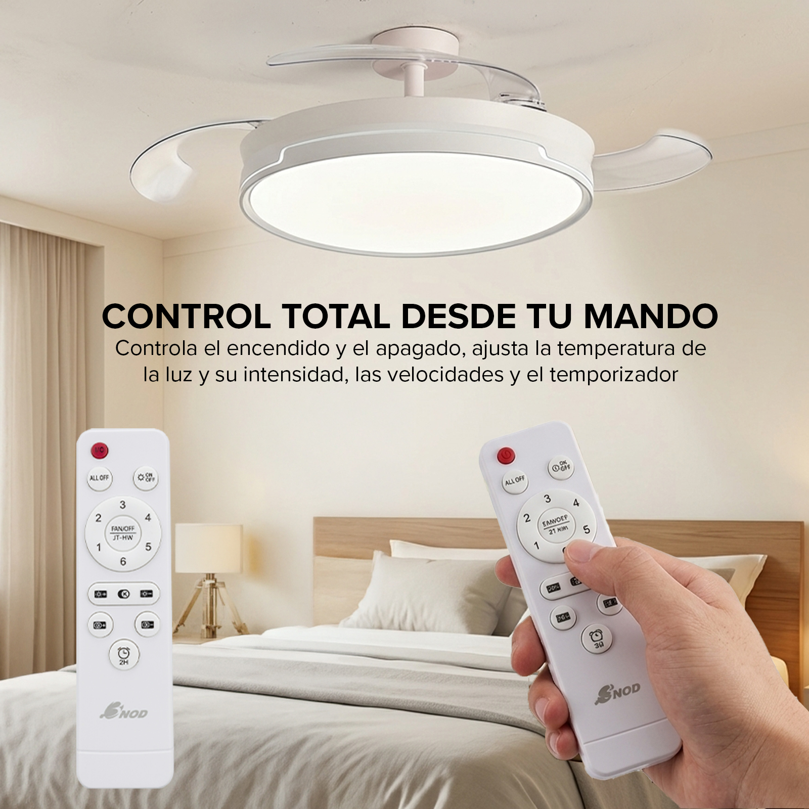 Ventilador de techo con luz y dos mandos en un dormitorio.