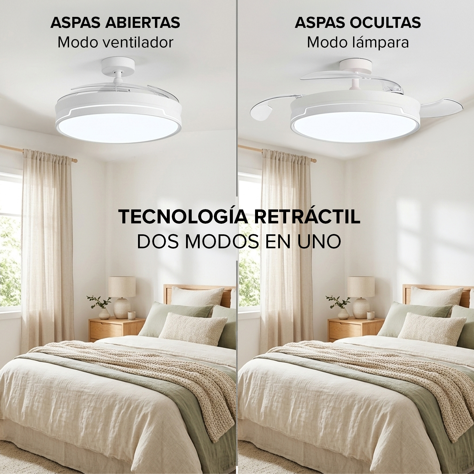 Ventilador de techo con aspas extendidas y retraídas sobre una cama.
