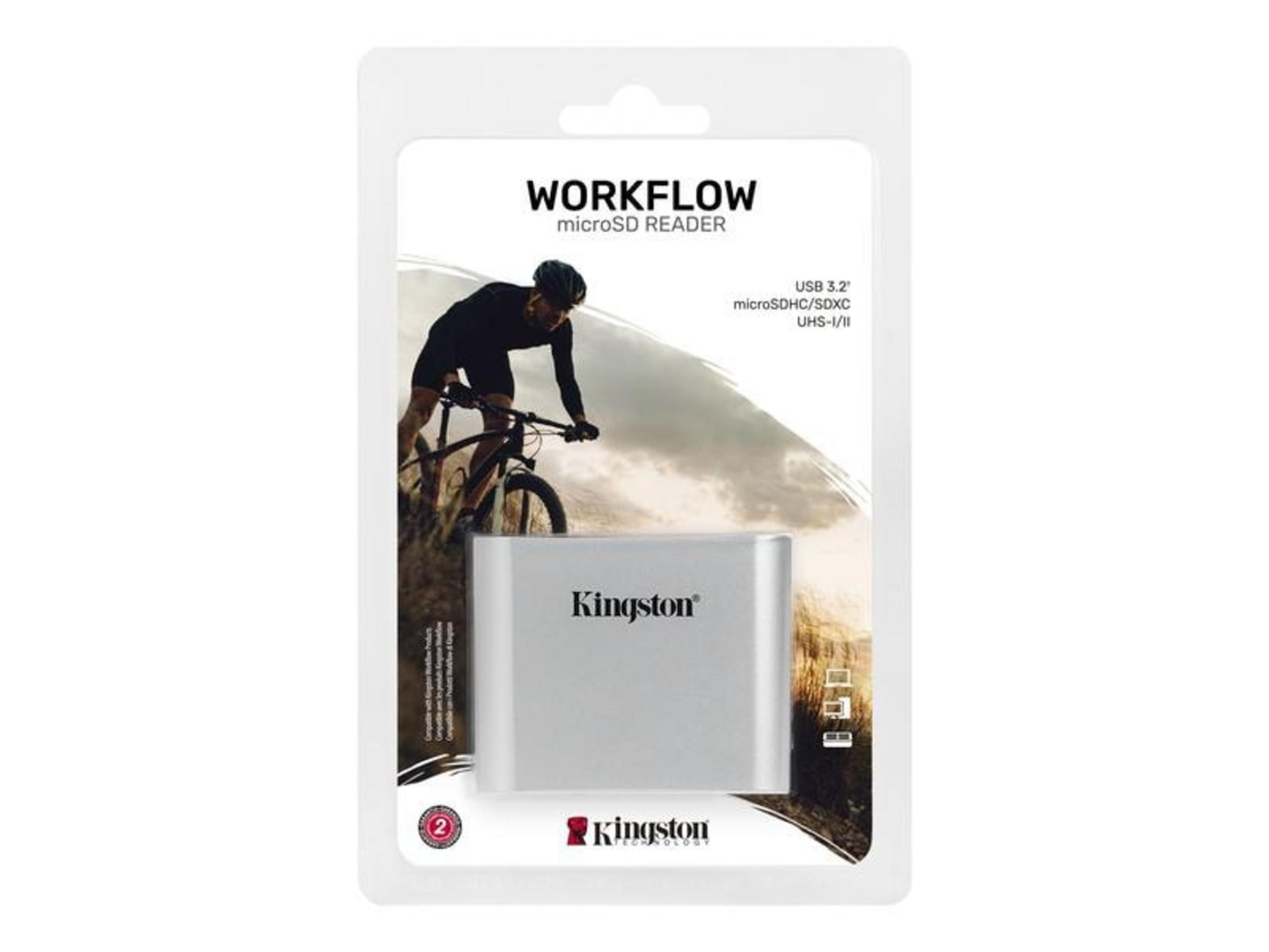 Lettore di schede microSD Kingston in confezione con grafica ciclista.