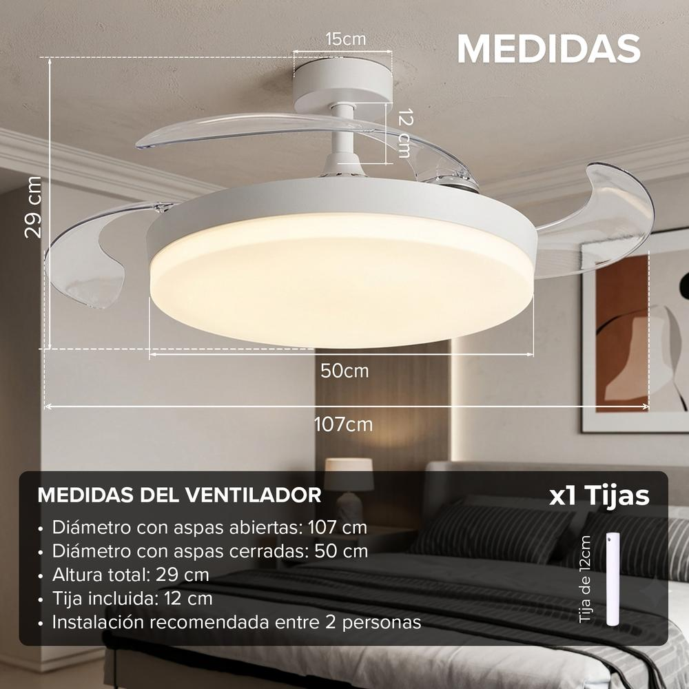 Un ventilador de techo blanco con aspas retráctiles, con medidas indicadas.