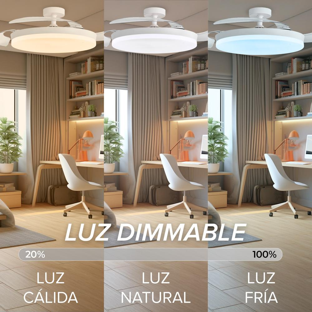 Ventilador de techo con luz en temperaturas de color cálida, natural y fría.