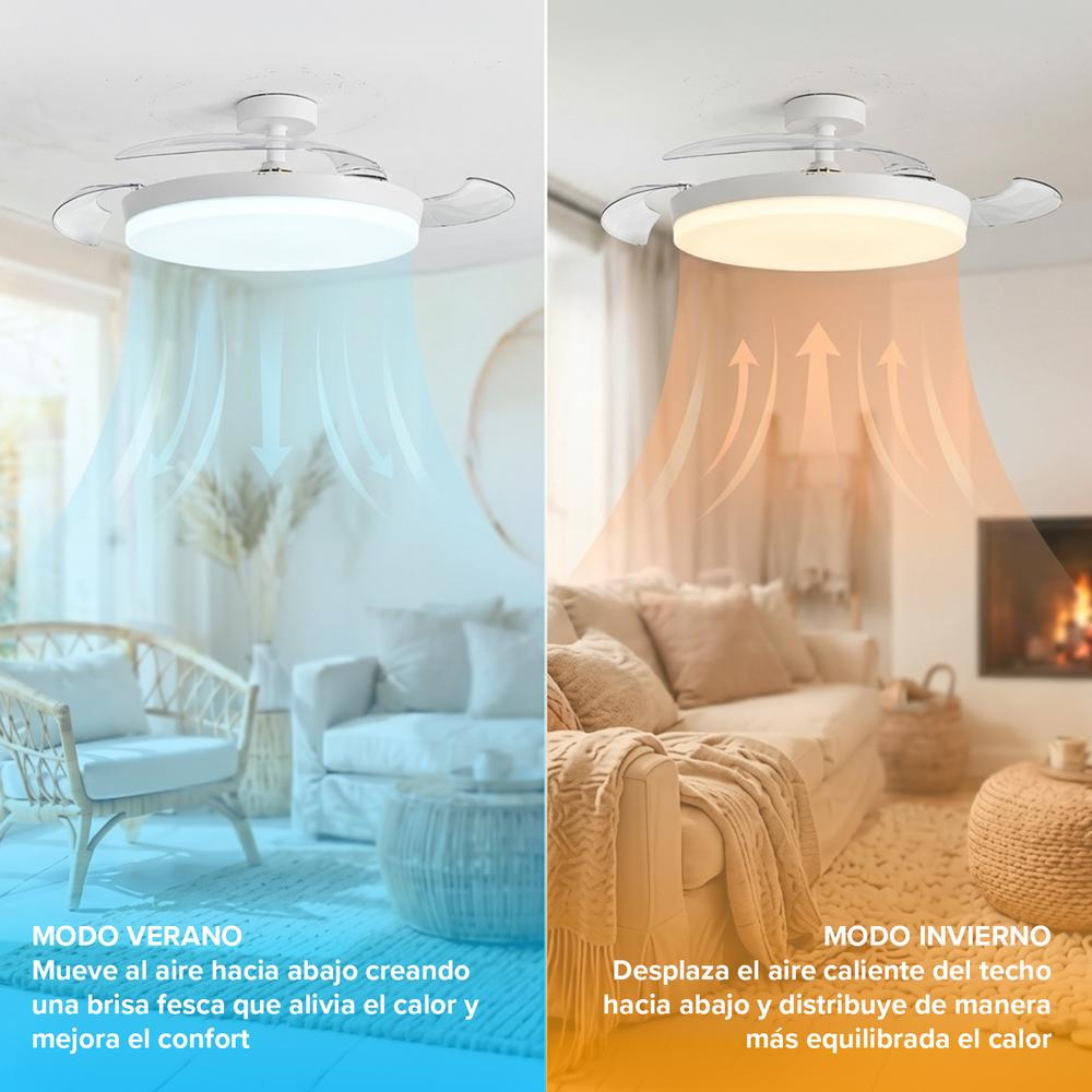 Ventilador de techo en modo verano e invierno con flujo de aire.