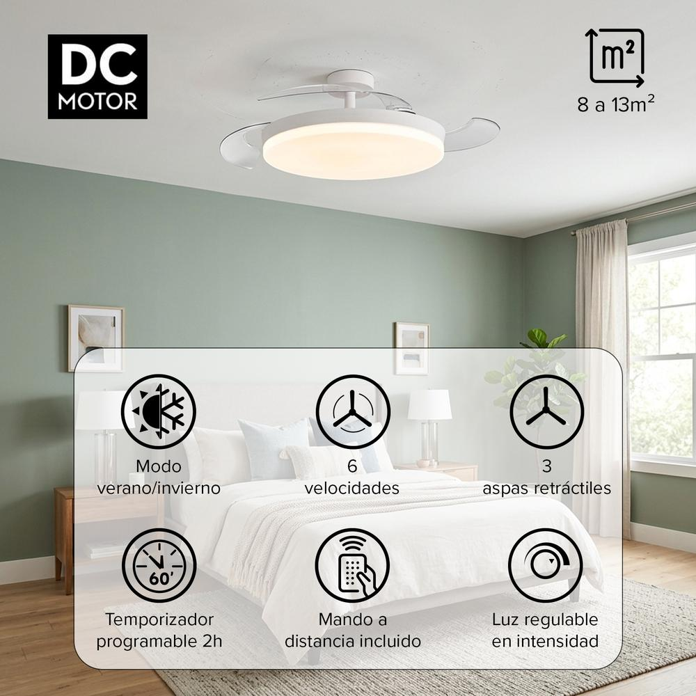 Ventilador de techo con luz, 6 velocidades, 3 aspas retráctiles, temporizador.