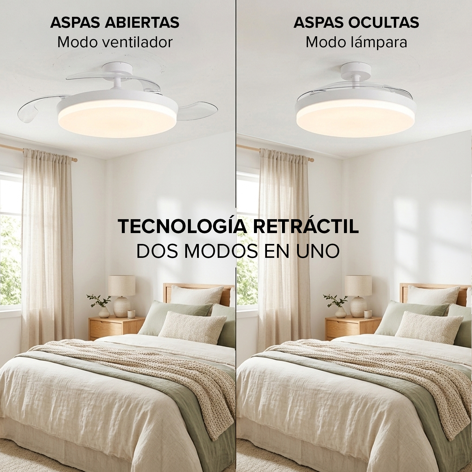 Ventilador de techo con luz en dos modos: aspas abiertas como ventilador, ocultas como lámpara.