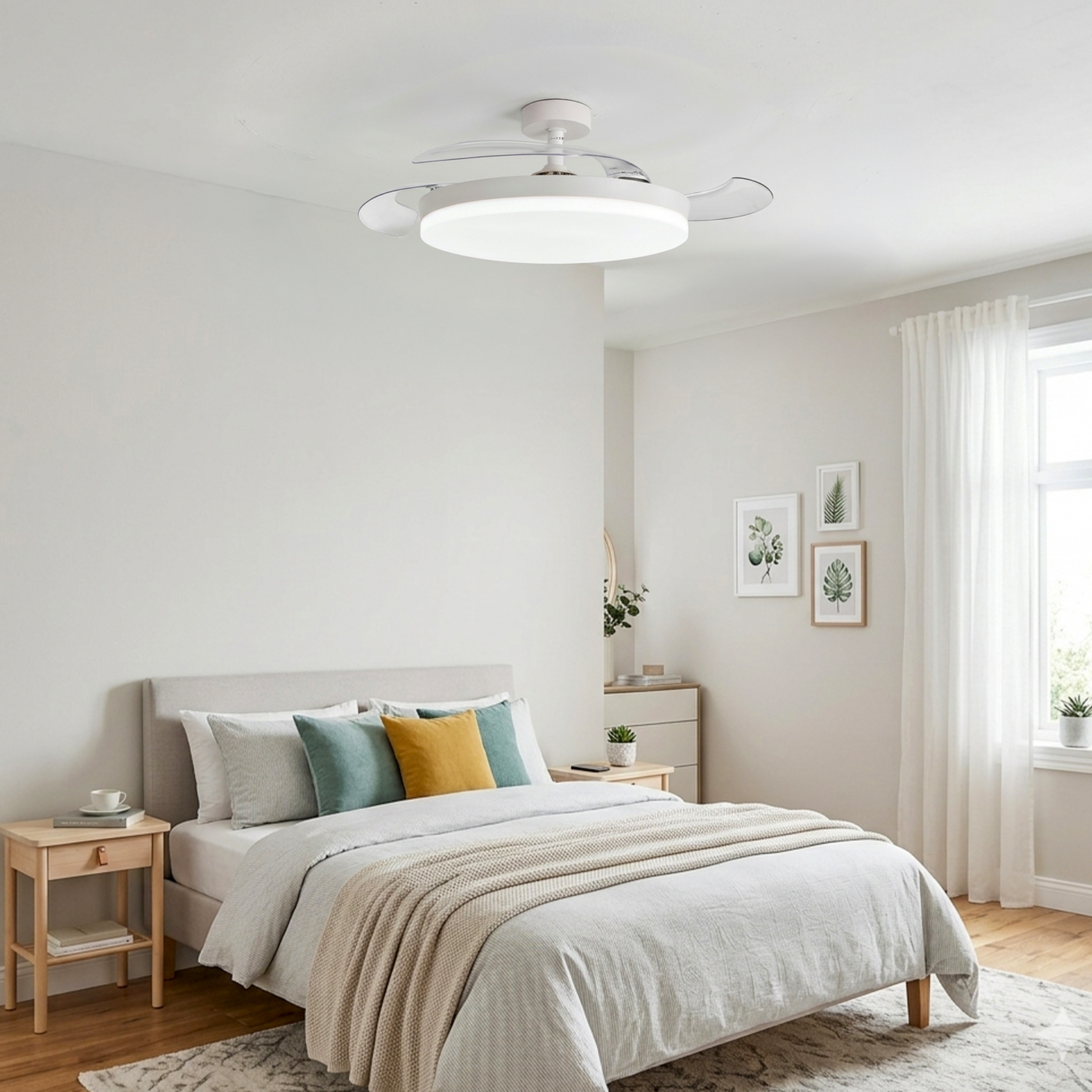 Un dormitorio con cama, mesita de noche, lámpara y ventana.