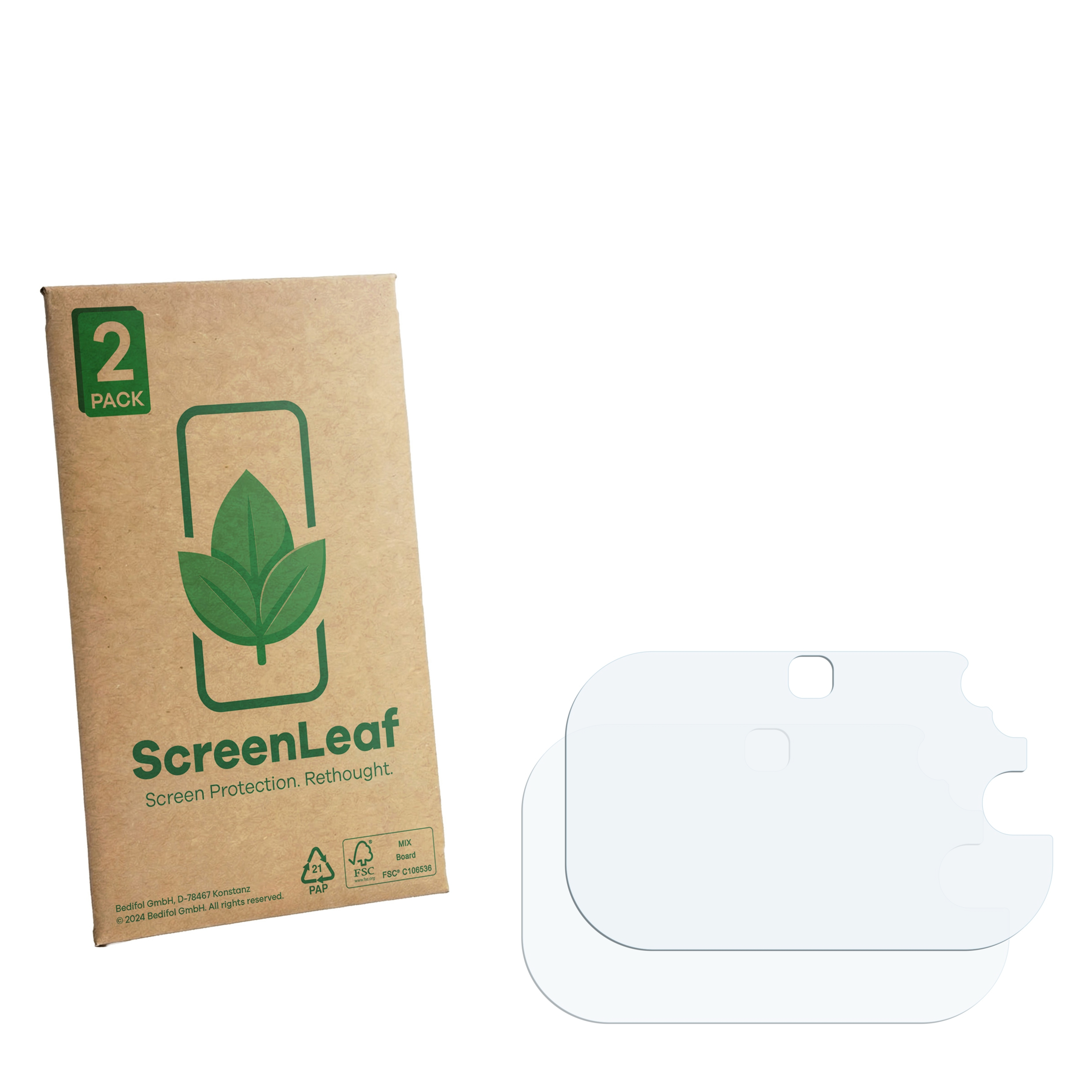 Ein 2er-Pack ScreenLeaf Displayschutzfolien und zwei klare Displayschutzfolien.