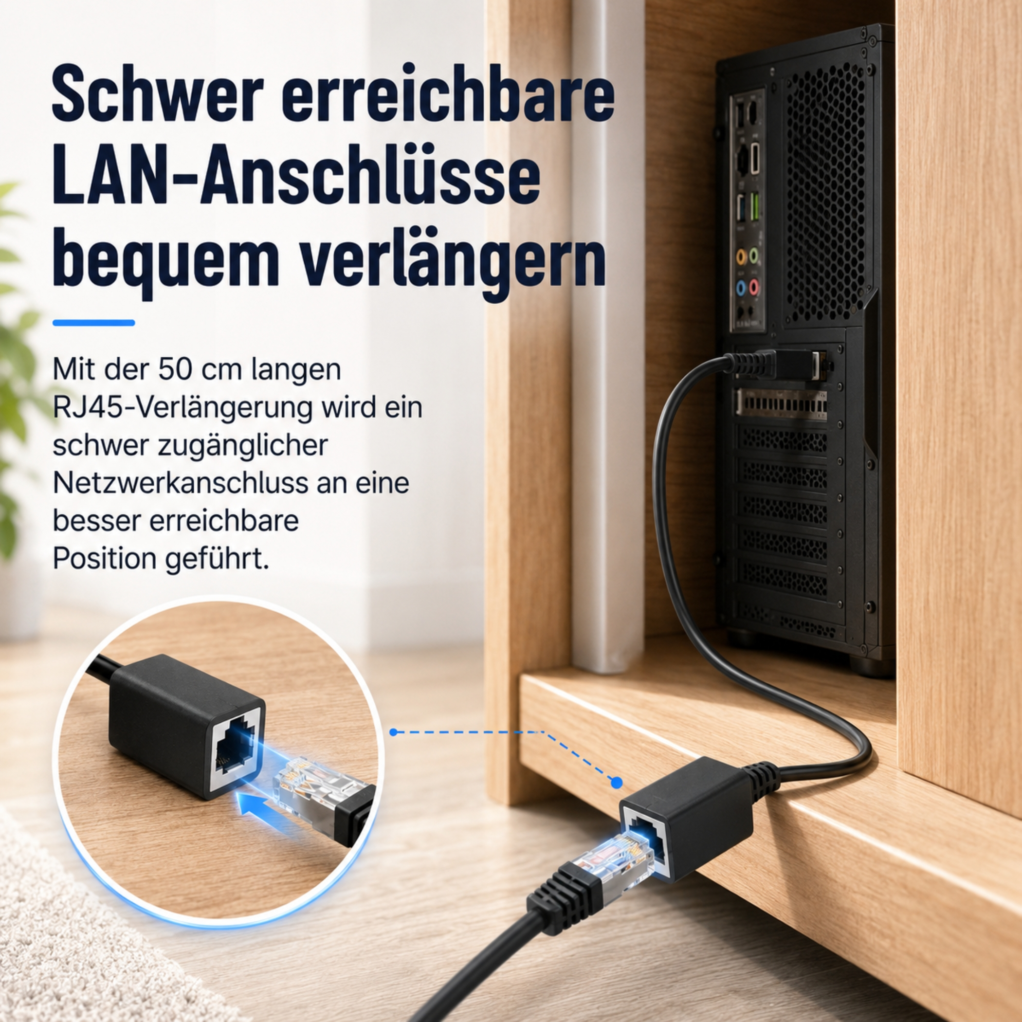 Ein schwarzes LAN-Verlängerungskabel verbindet einen PC mit einem schwer zugänglichen Anschluss.