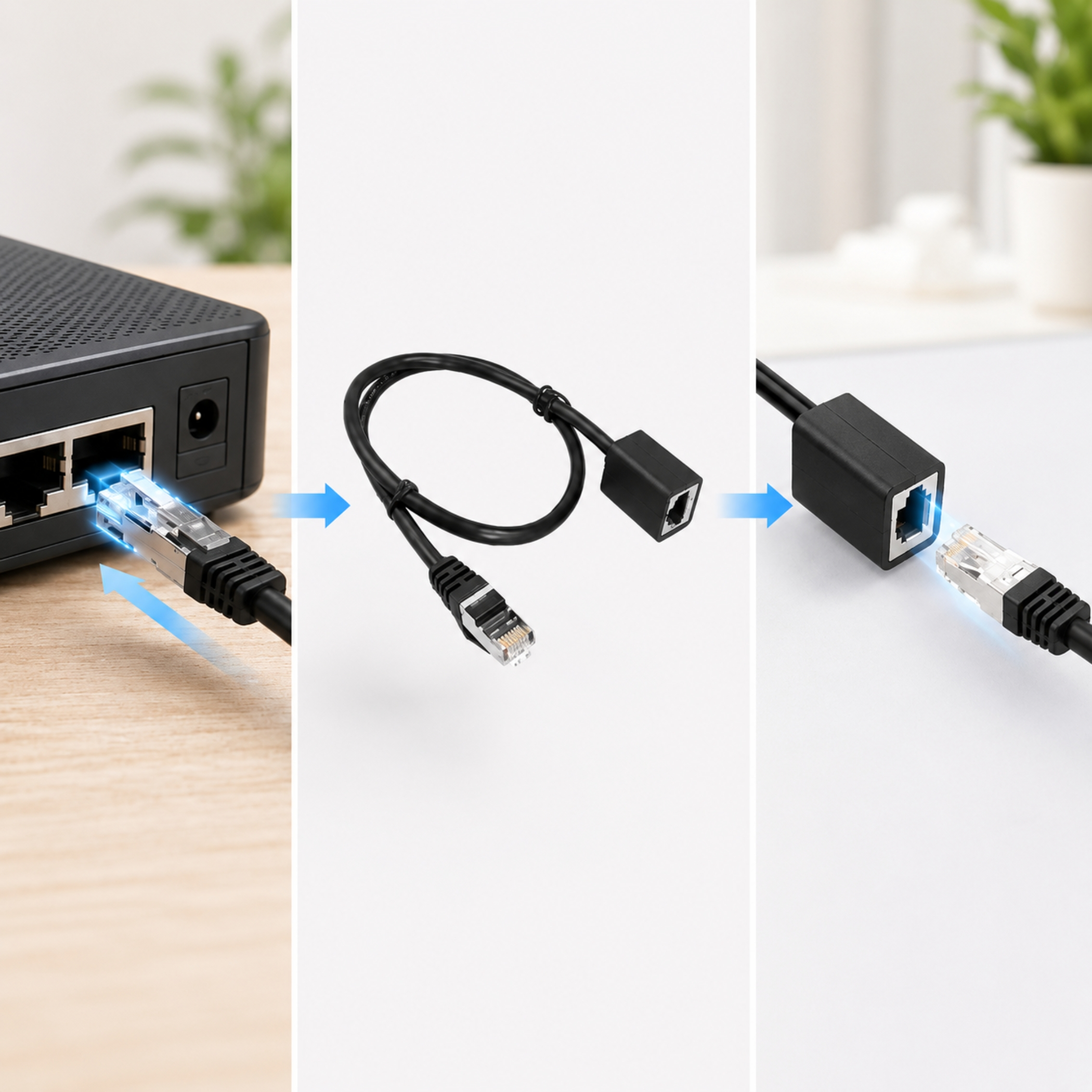 Netzwerkkabel wird in eine Buchse gesteckt; Adapter; Buchse und Stecker