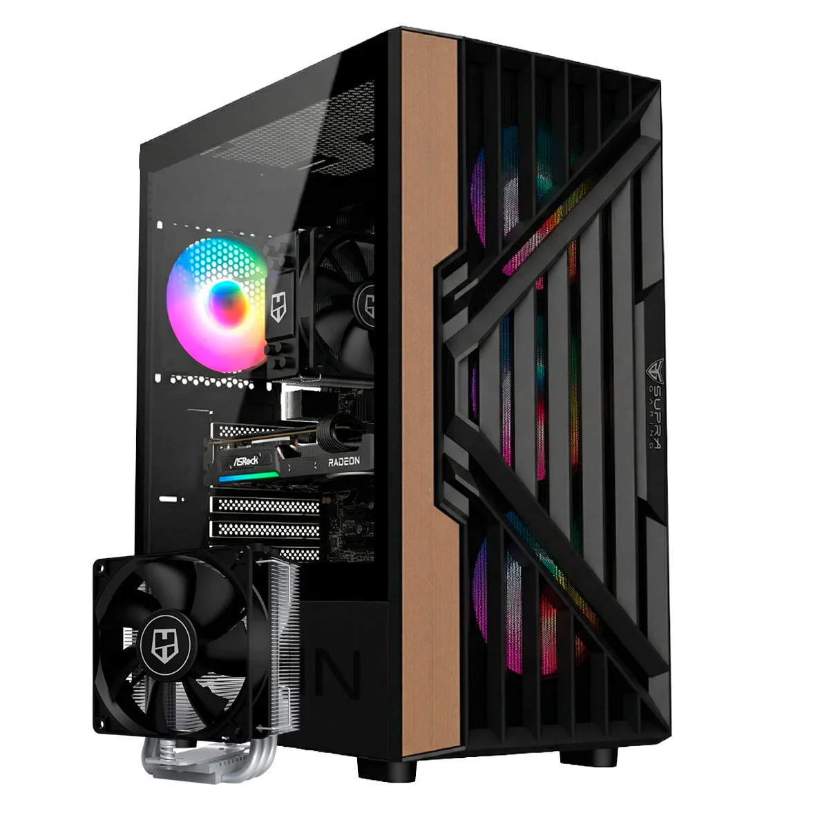 Un case PC gaming nero con pannello laterale in vetro che mostra ventole RGB colorate e componenti.