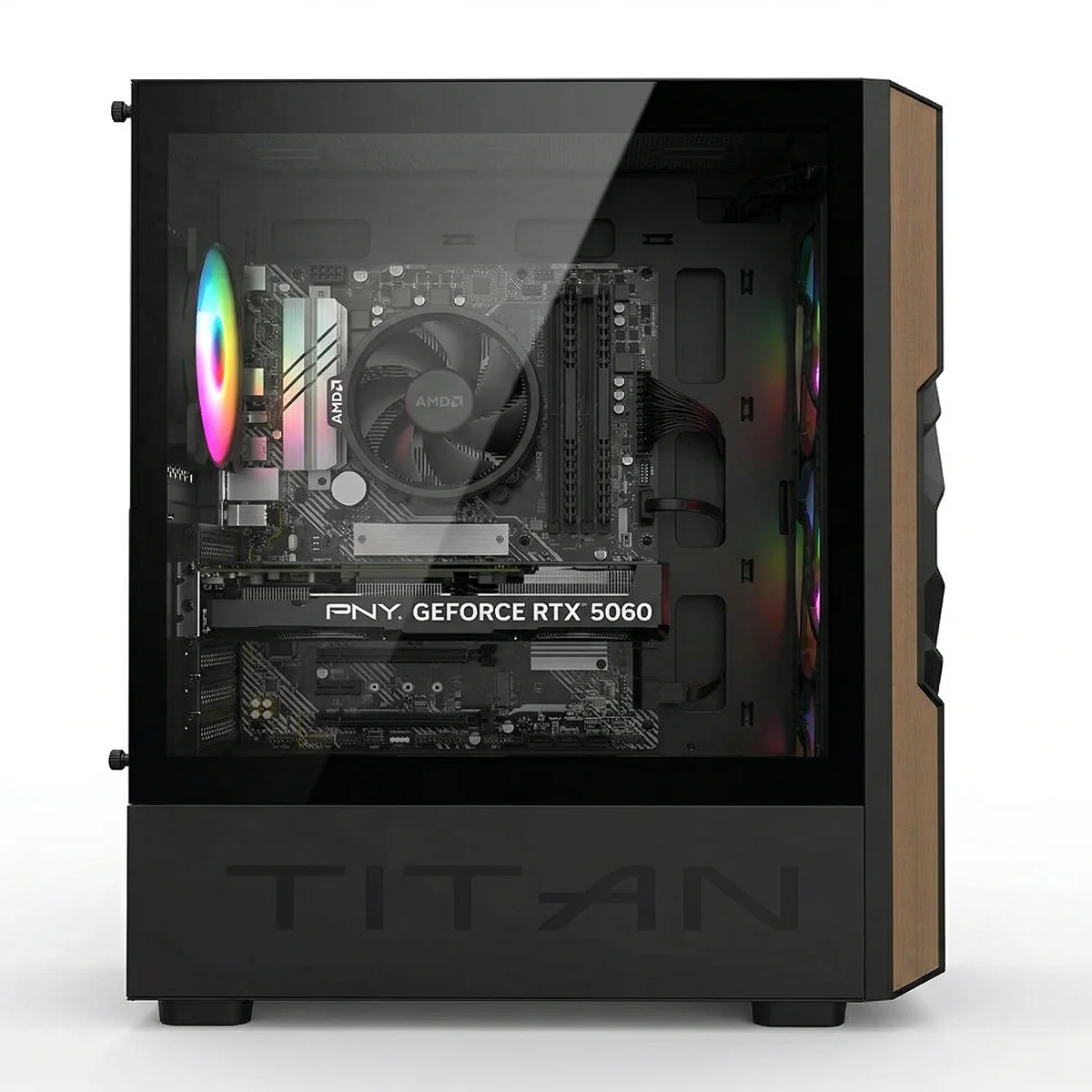 Una torre de PC abierta que muestra ventiladores y componentes iluminados.