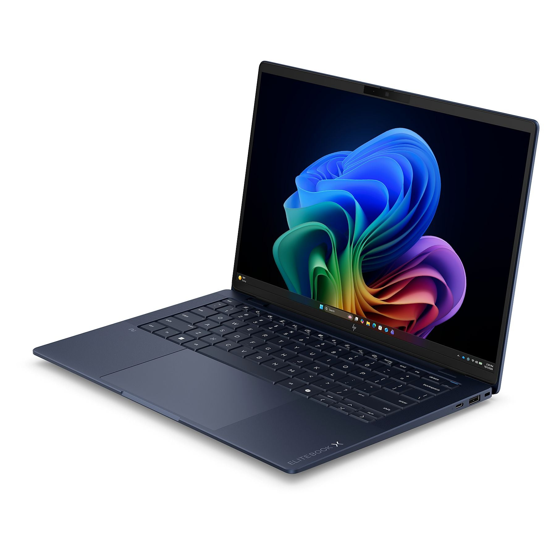 Un laptop blu scuro con sfondo colorato di Windows, isolato su bianco.