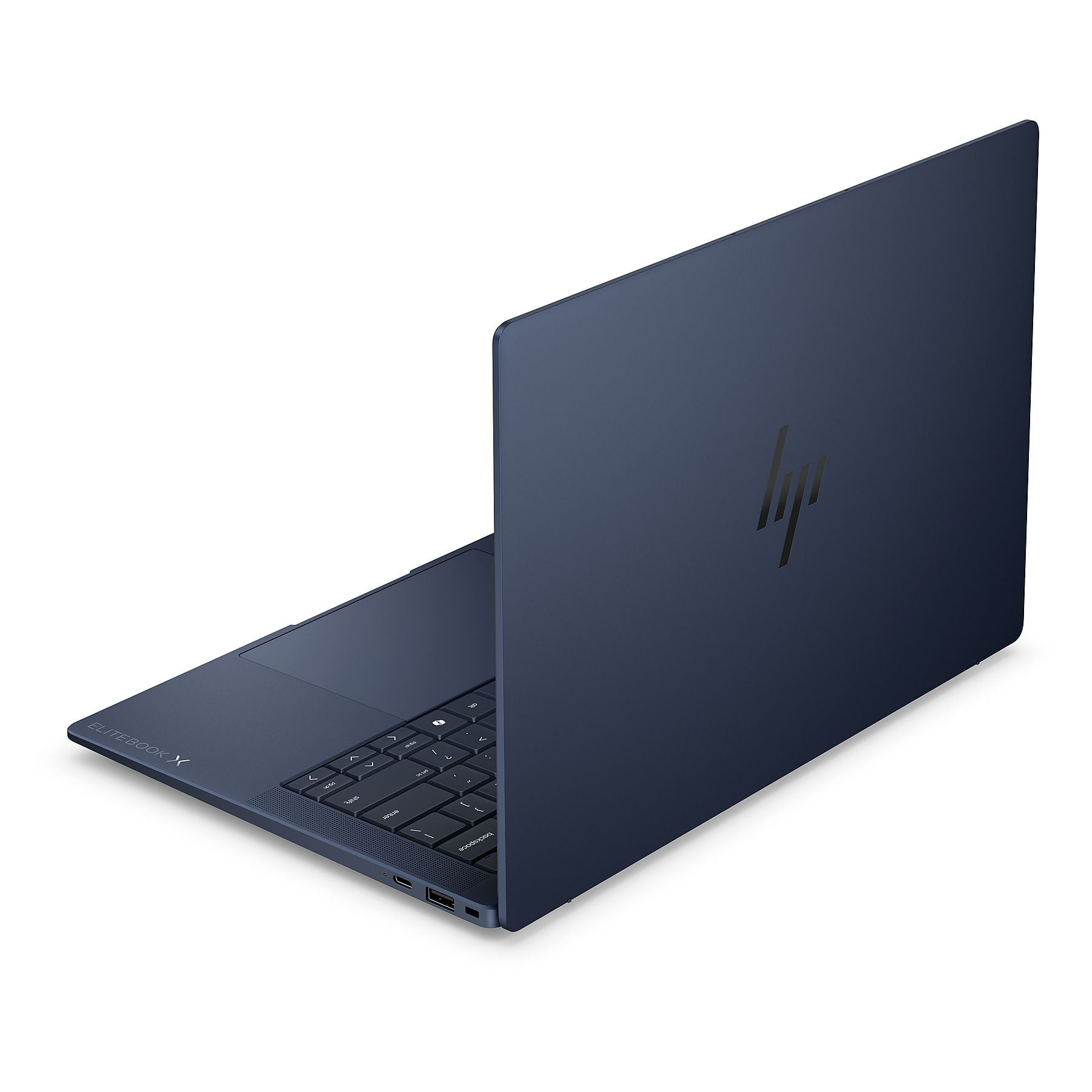 Un laptop HP Elitebook X blu scuro è mostrato su sfondo bianco.
