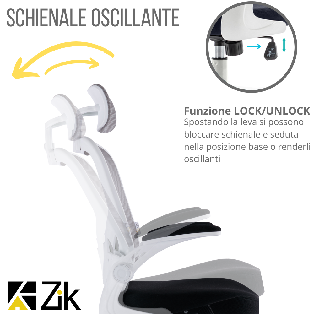 Sedia da ufficio con schienale oscillante e leva blocco/sblocco.