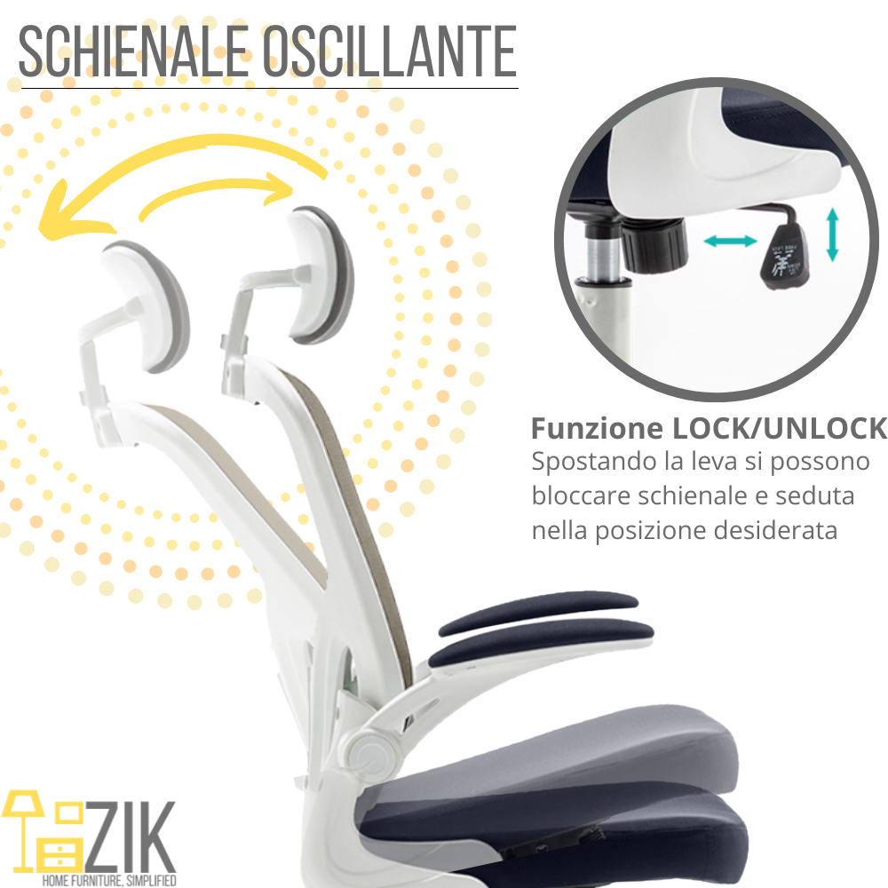 Sedia da ufficio con schienale oscillante e funzione blocco.
