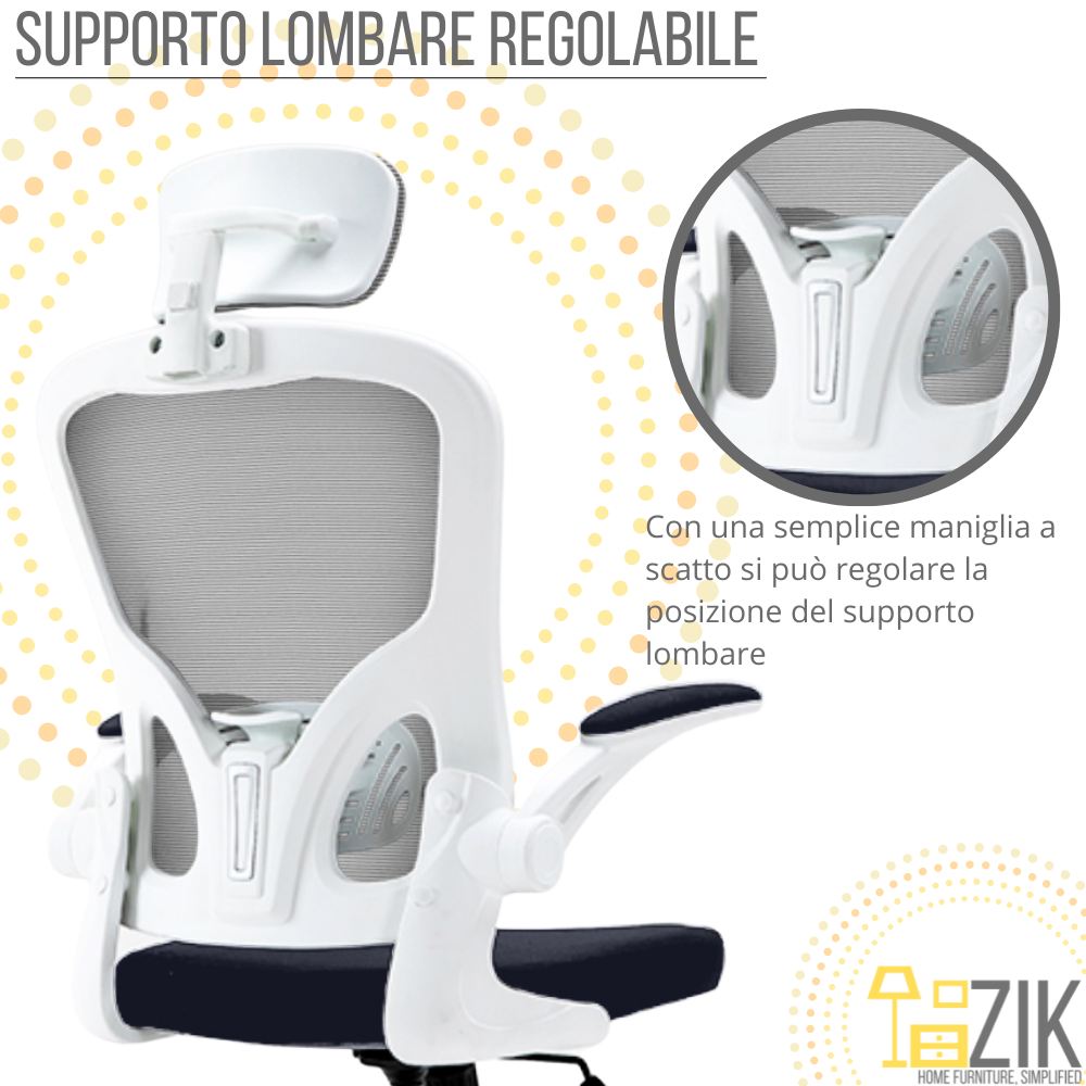Una sedia da ufficio bianca con supporto lombare e braccioli regolabili.
