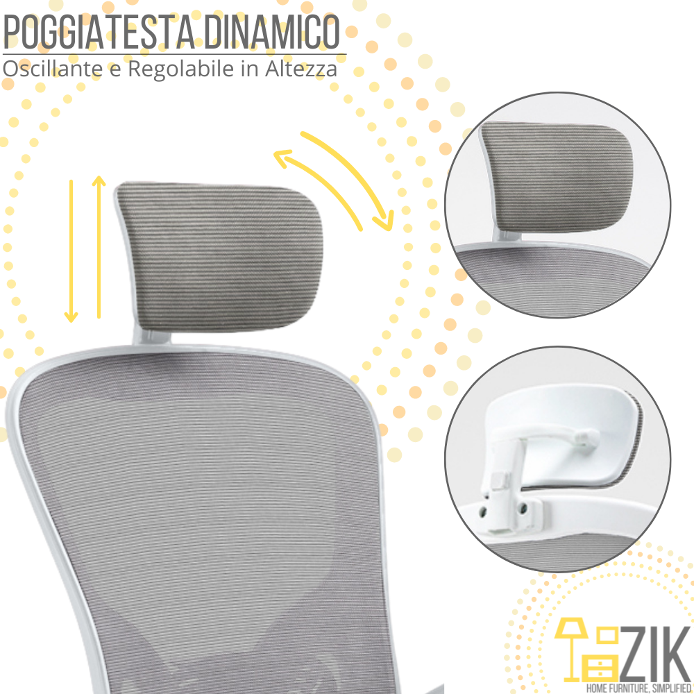 Sedia da ufficio grigia con poggiatesta regolabile e accenti bianchi.