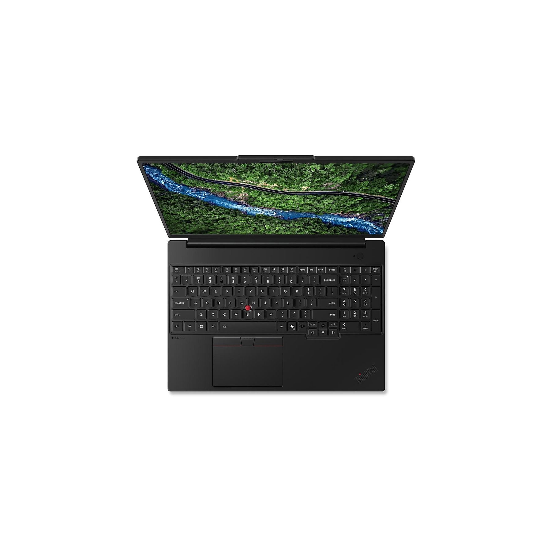 Un laptop nero aperto con un paesaggio sullo schermo.