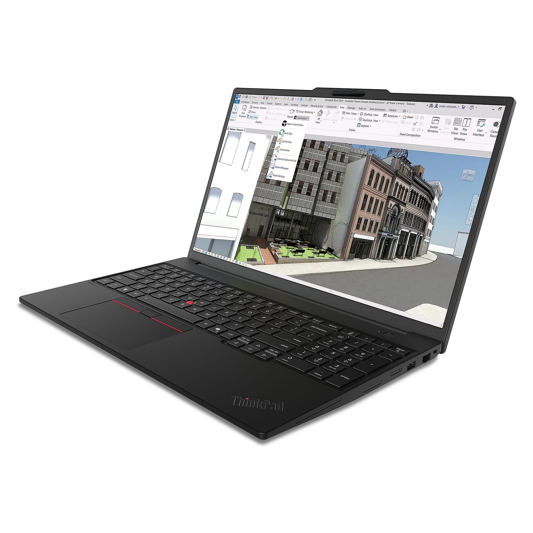 Un laptop mostra un software di rendering architettonico 3D con modelli di edifici.