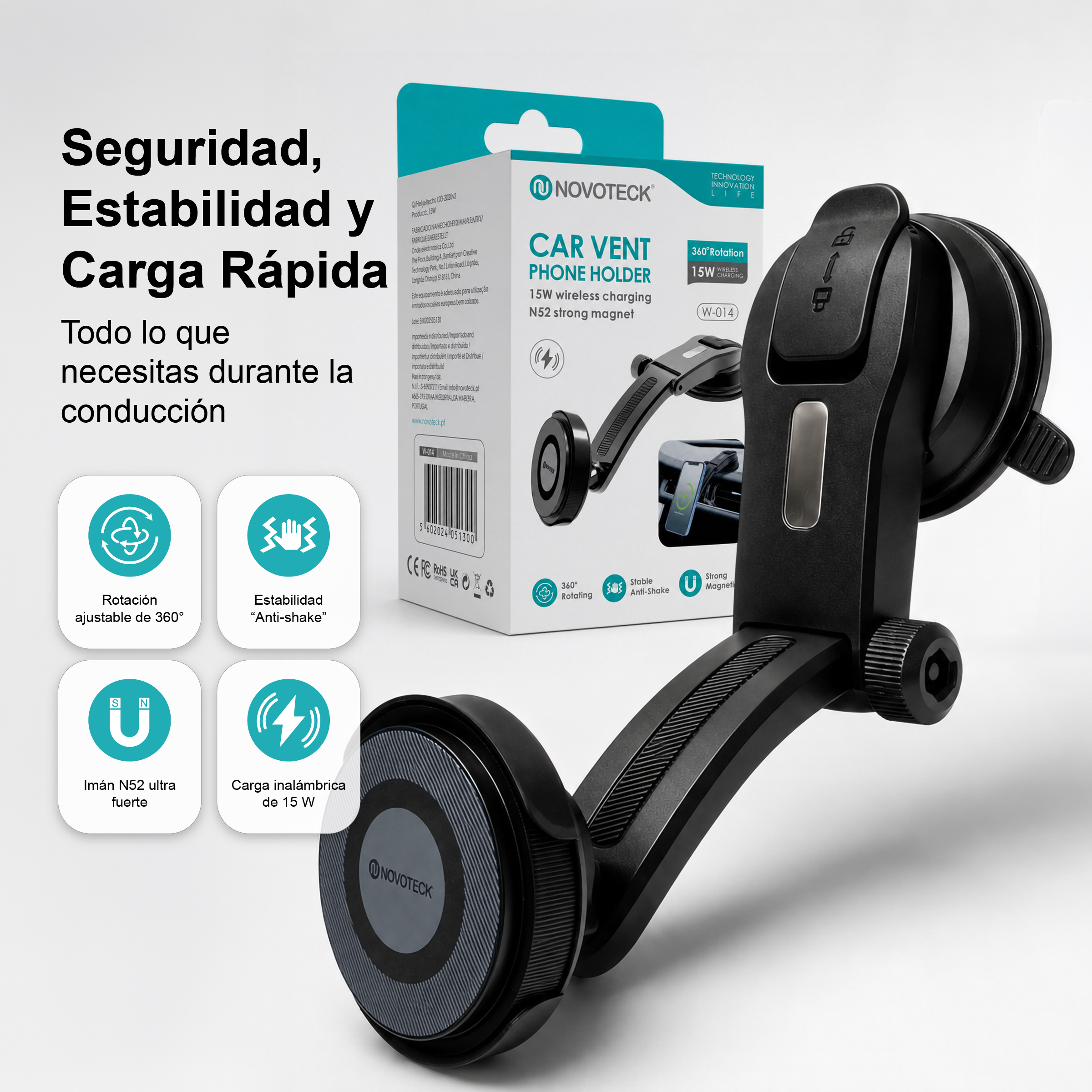 Un soporte negro para teléfono en ventilación de coche con carga de 15W.
