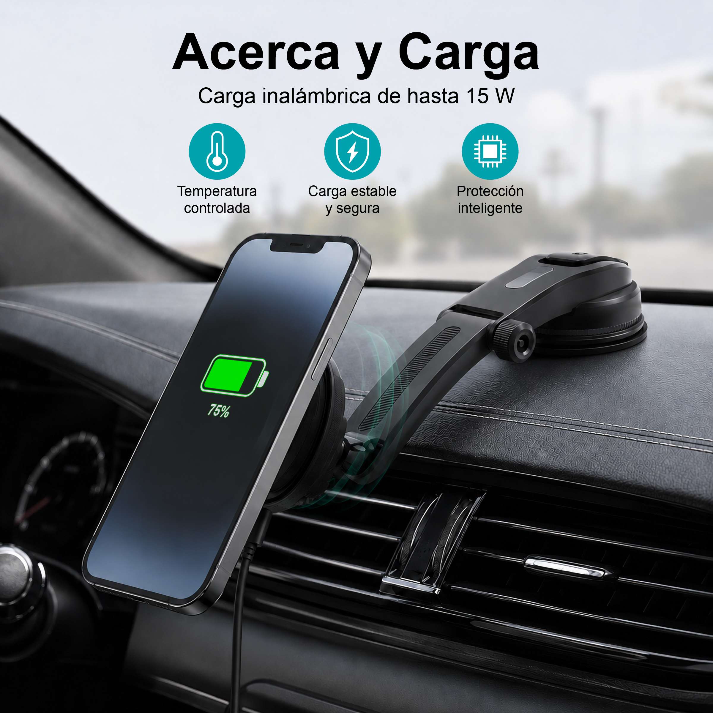 Un smartphone se está cargando inalámbricamente en un soporte para salpicadero.