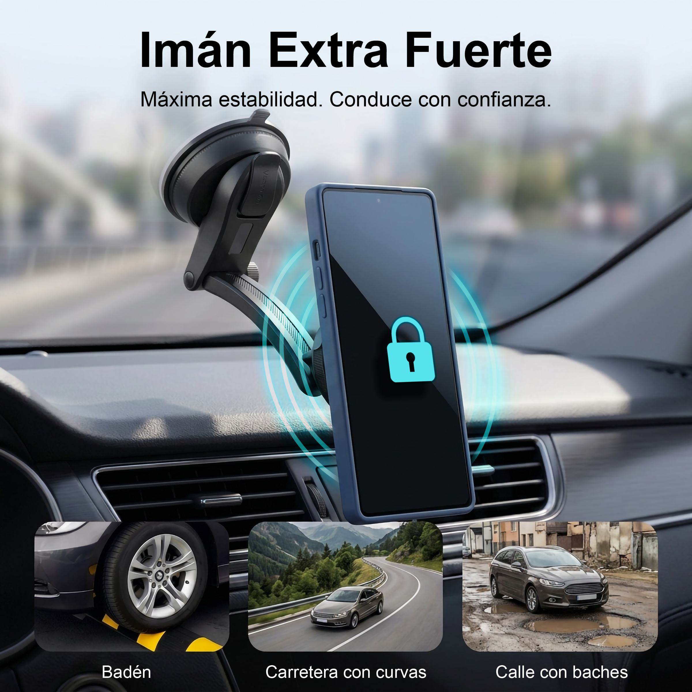 Soporte de teléfono para coche con imán fuerte e icono de bloqueo. Muestra 3 escenarios: badén, carretera curva, carretera baches.