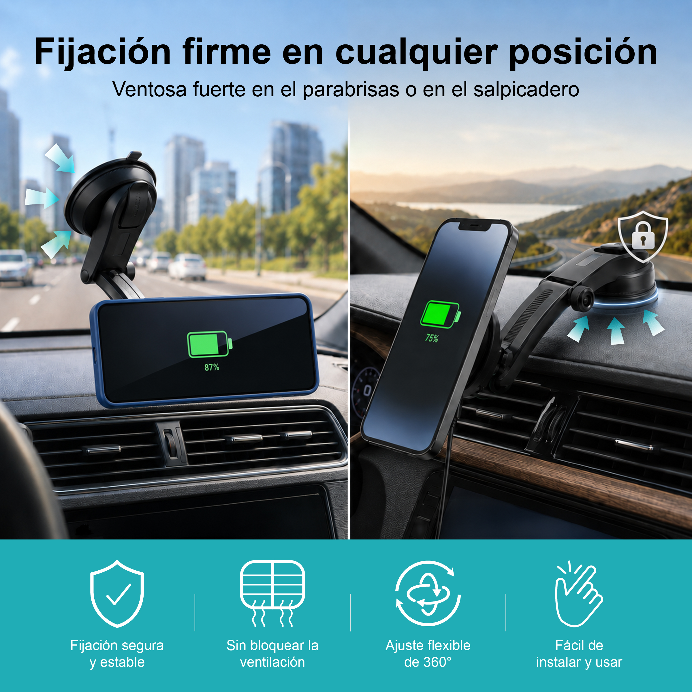 Soporte de teléfono para coche con indicador de carga.
