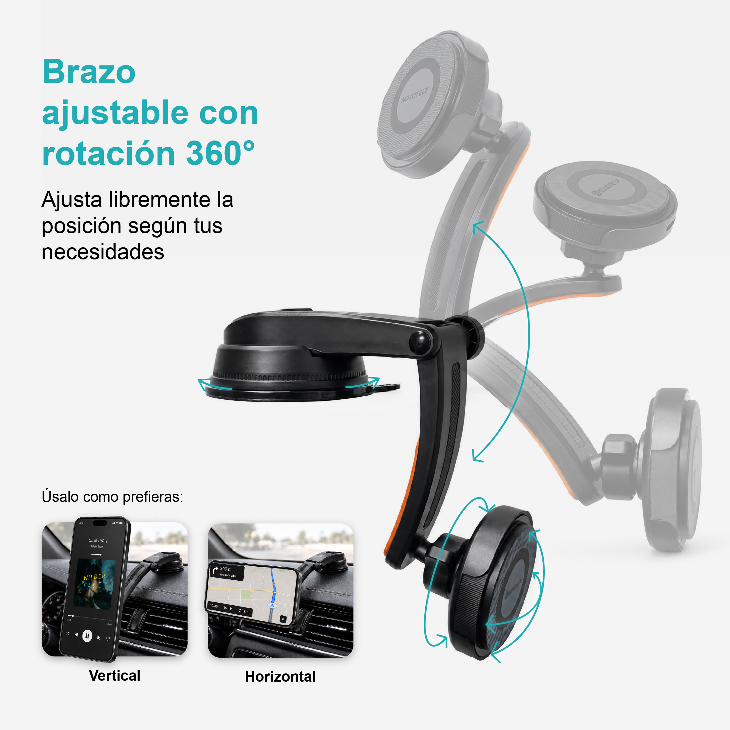 Brazo ajustable 360°, mostrando montaje vertical y horizontal de teléfono.