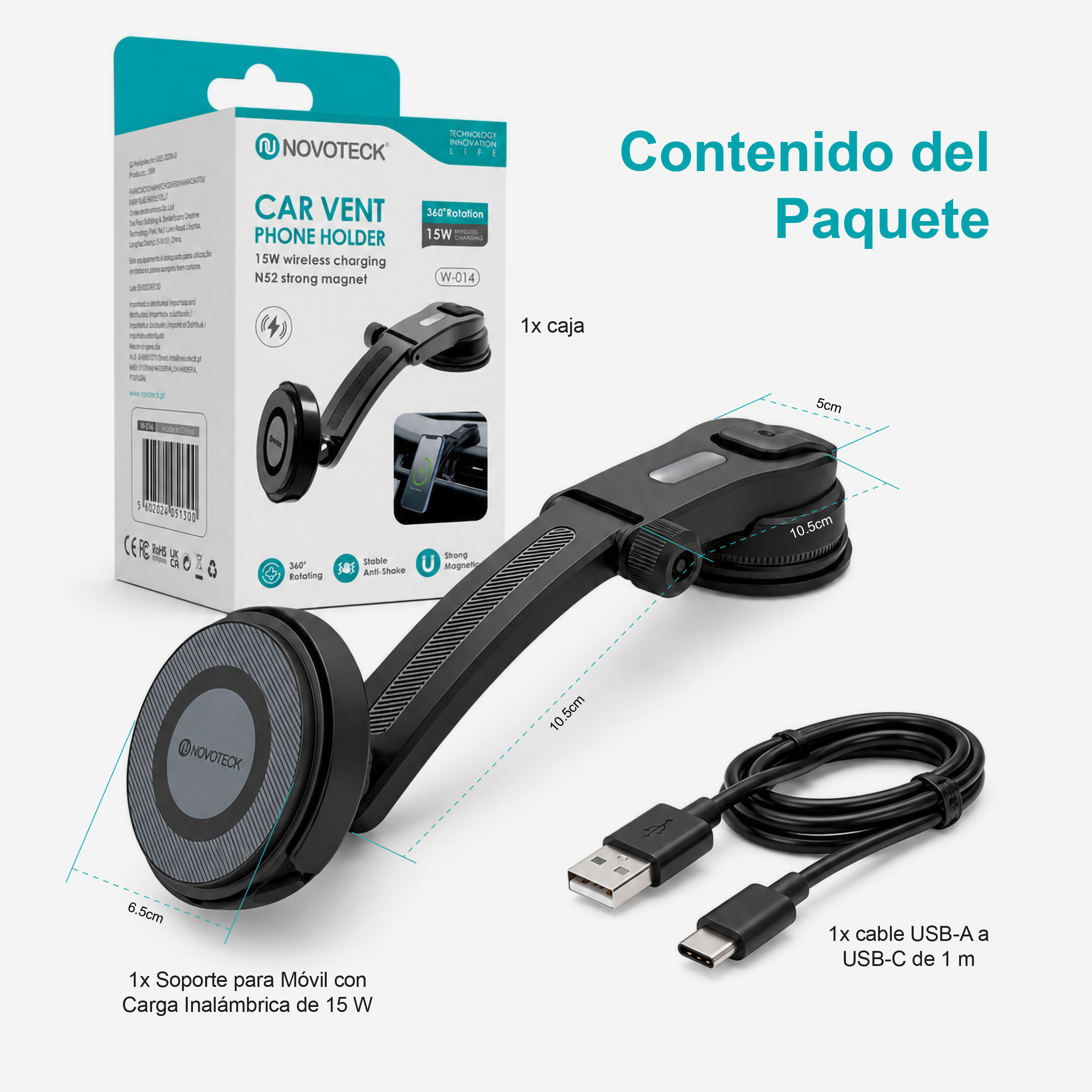 Soporte negro para ventilación de coche con cable USB-C, carga inalámbrica 15W.