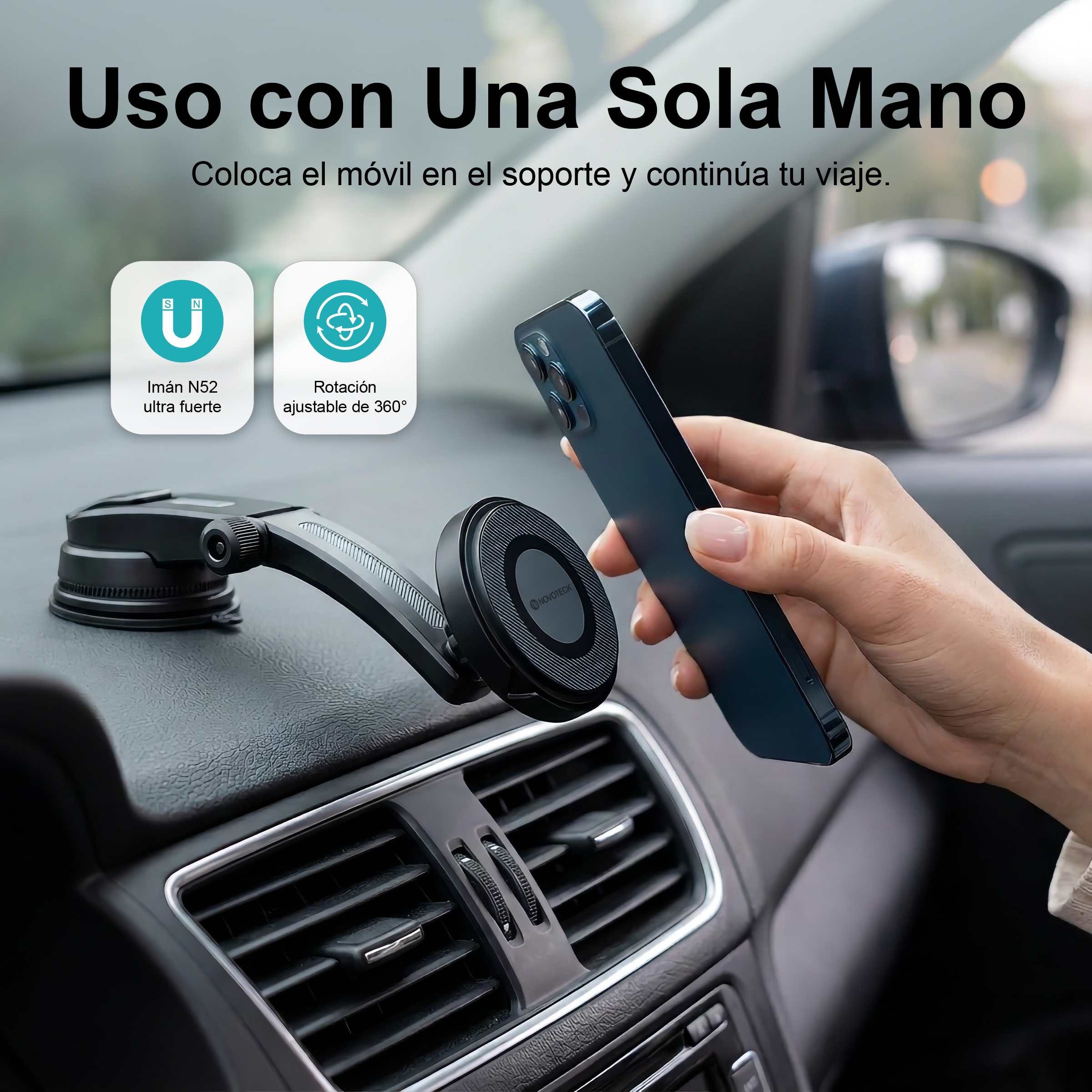 Una mano sostiene un smartphone sobre un soporte magnético en el salpicadero.