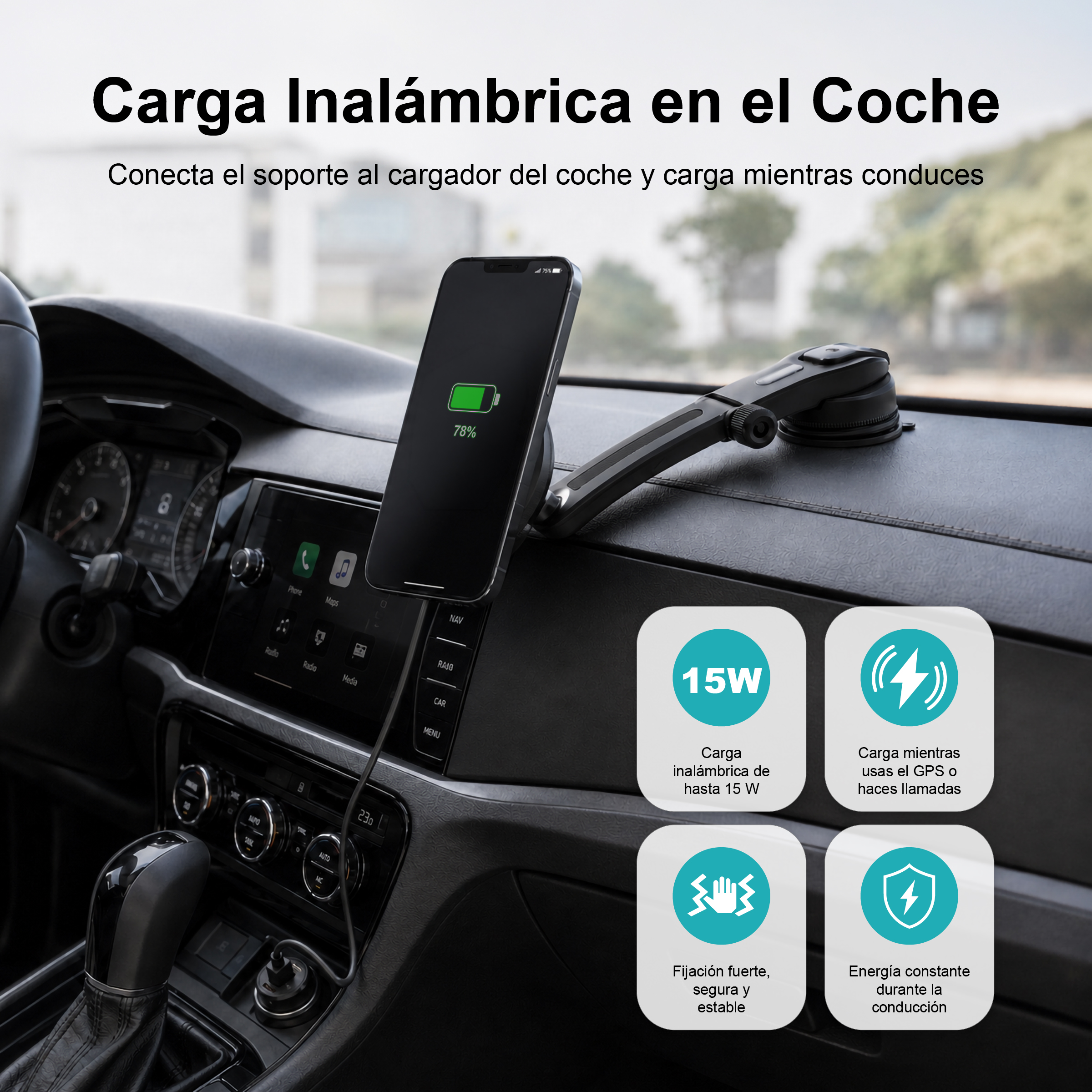 Un smartphone se carga inalámbricamente en un coche, con el salpicadero visible.